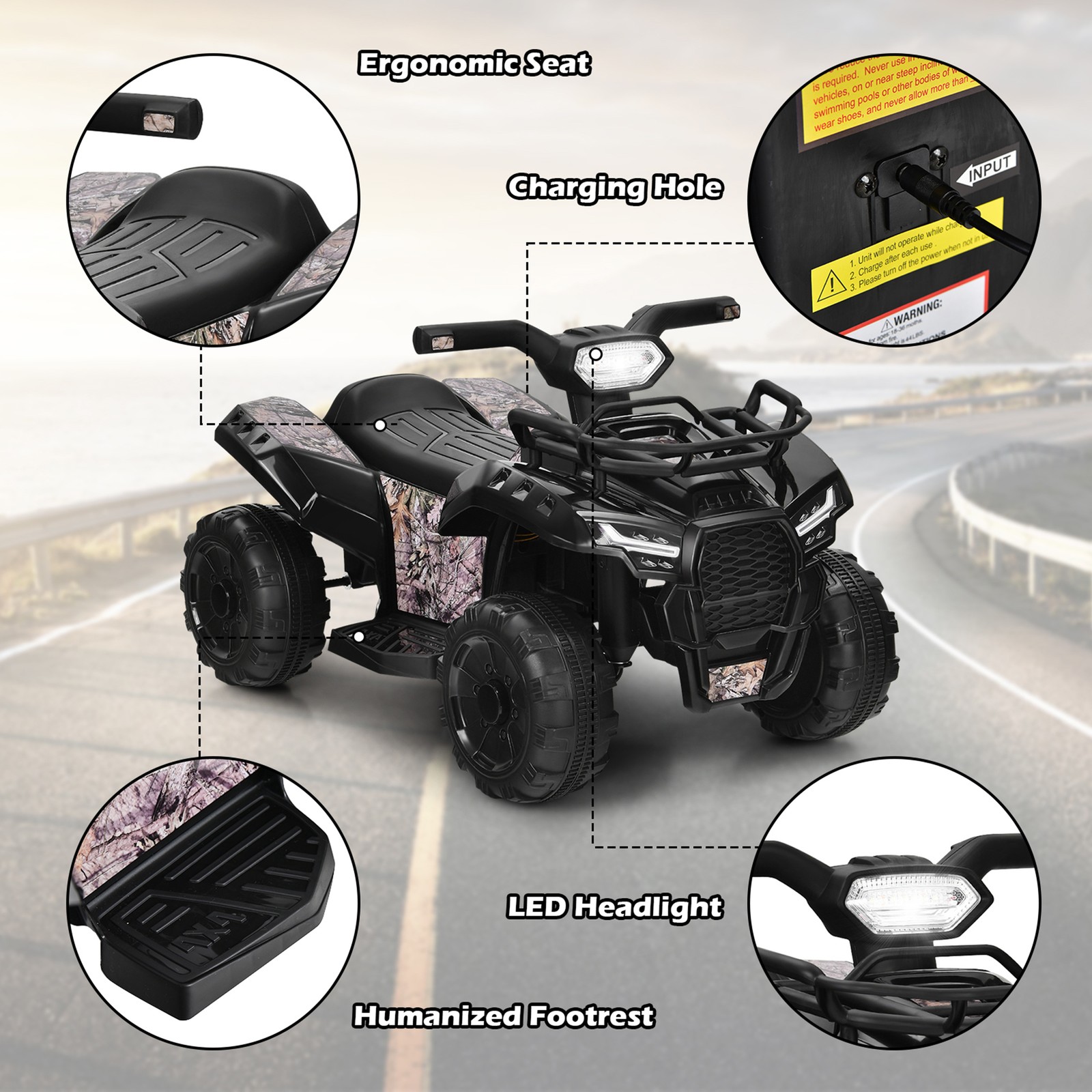 6V 4 Wheels ATV Quad Ride On Car Kids Ride-On Toy w/ Music Horn LED Light Black