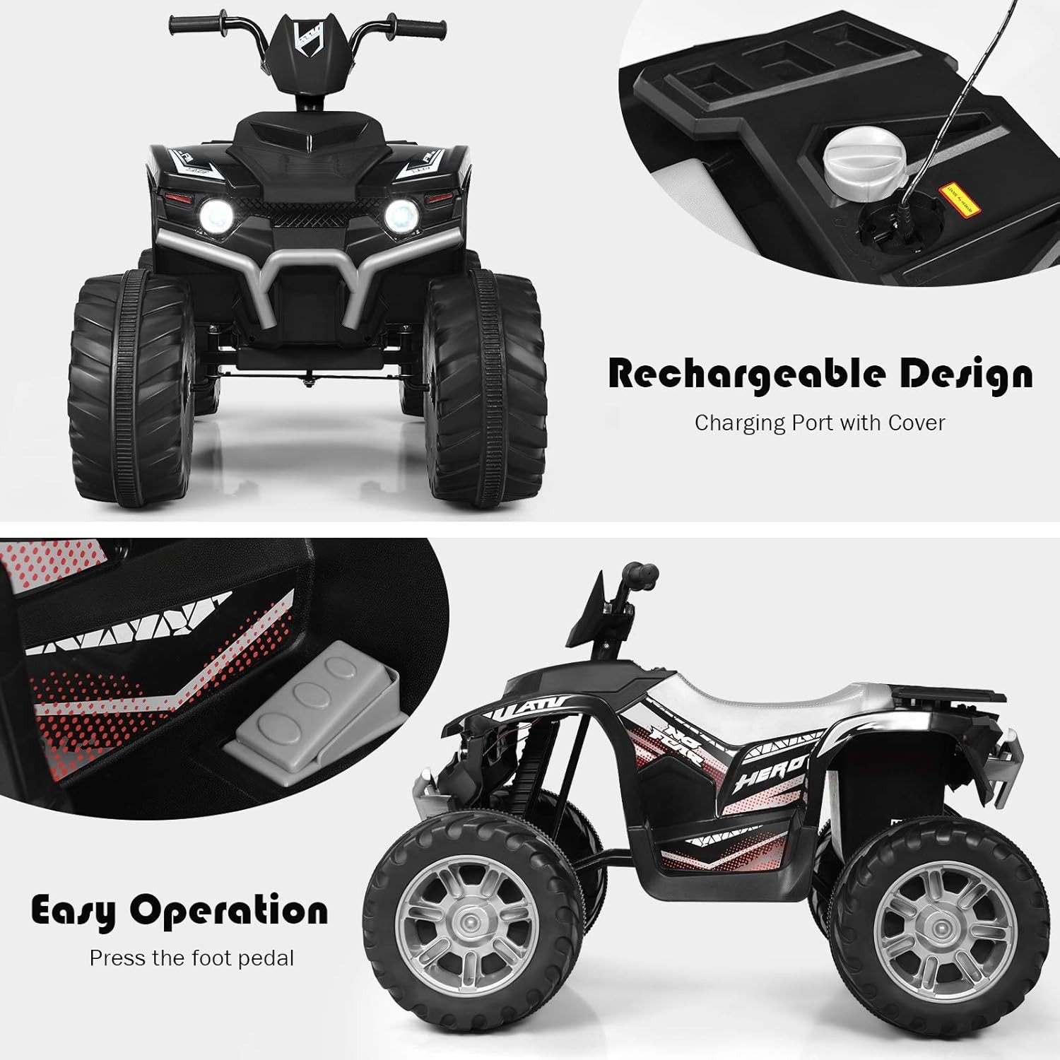 Kids Electric ATV Toy with LED Lights & Music, 12V