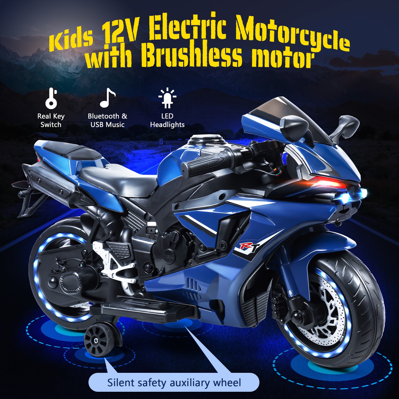 12V Electric Motorcycle for Kids 2-8 Years Dual Motors LED Lights 9mph 41.3in