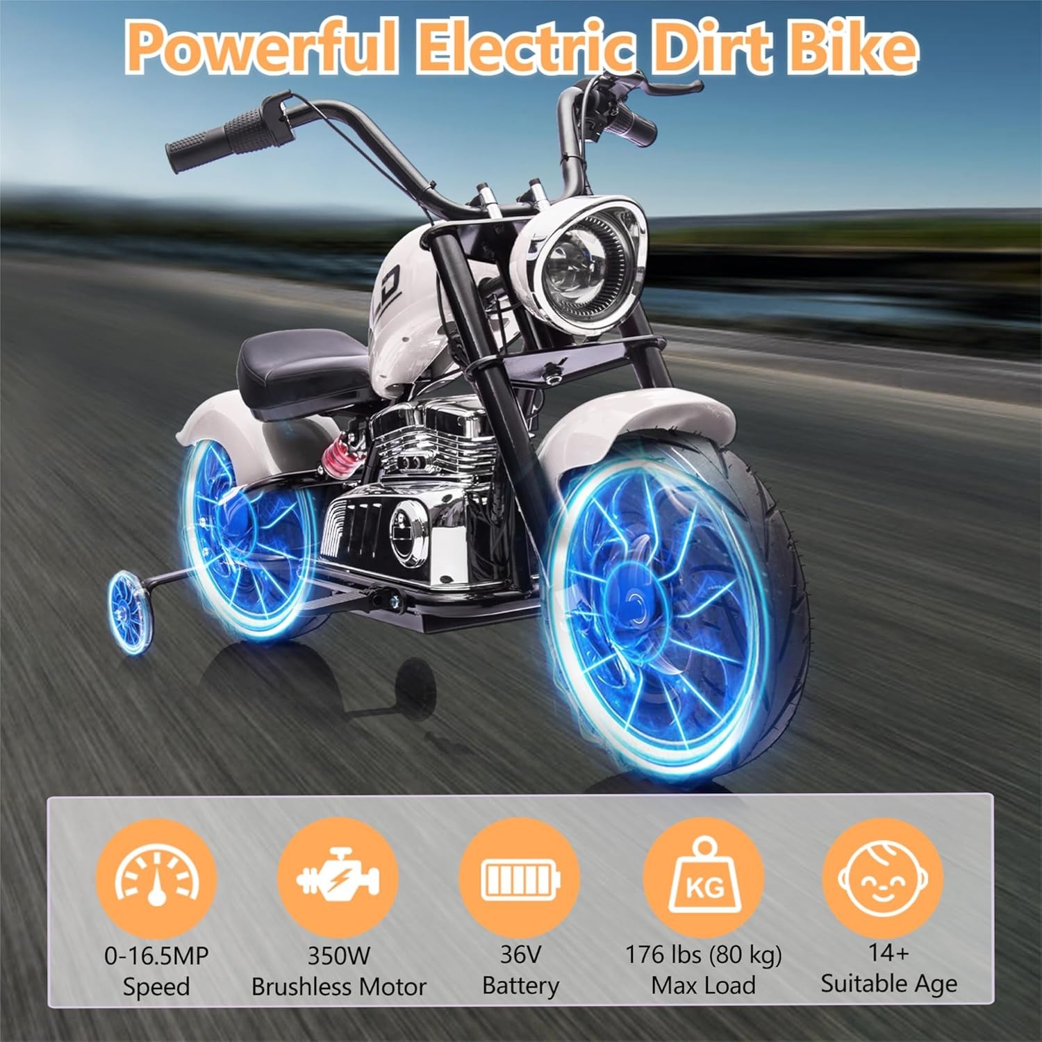 36V Electric Dirt Bike for Teens 16.5MPH&176LB Load Spring Suspension Multicolor