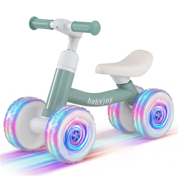 Green Kids 4-Wheel Balance Bike Colorful Light Up Wheels Adjustable Height