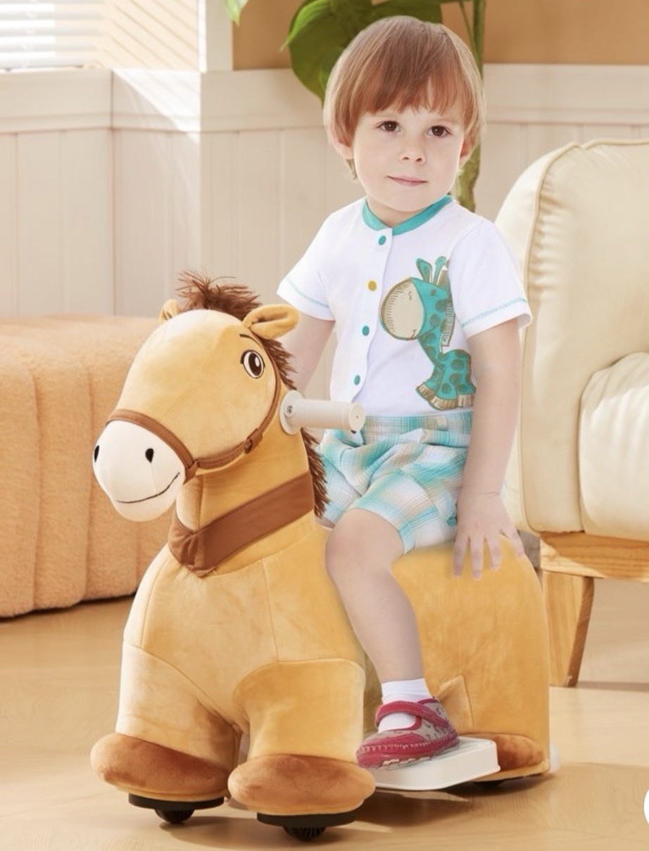 NEW 6V Electric Ride on Horse with Music Forward, PU Wheels, Brown