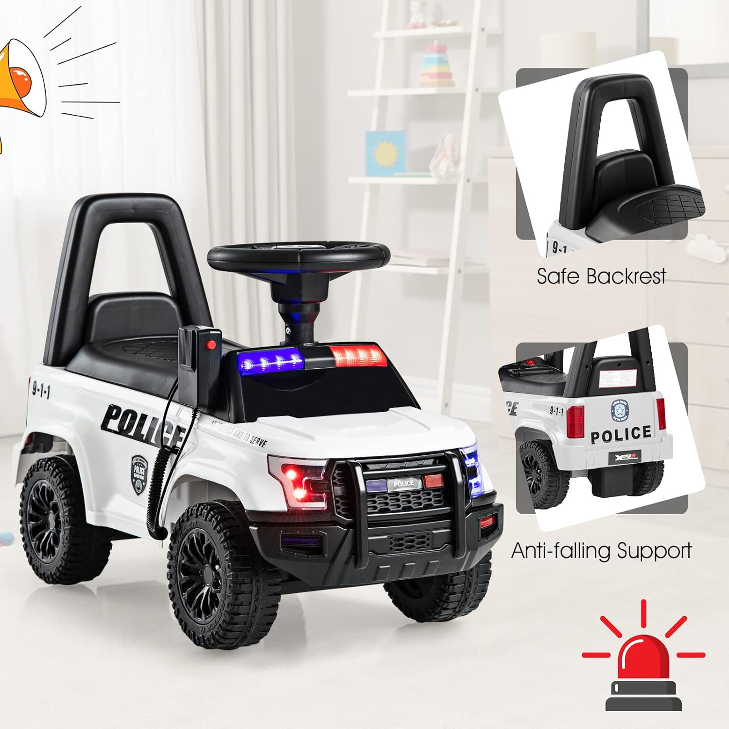 Ride on Push Police Car, Toddler Foot-To-Floor Sliding Toy with Siren, Steering