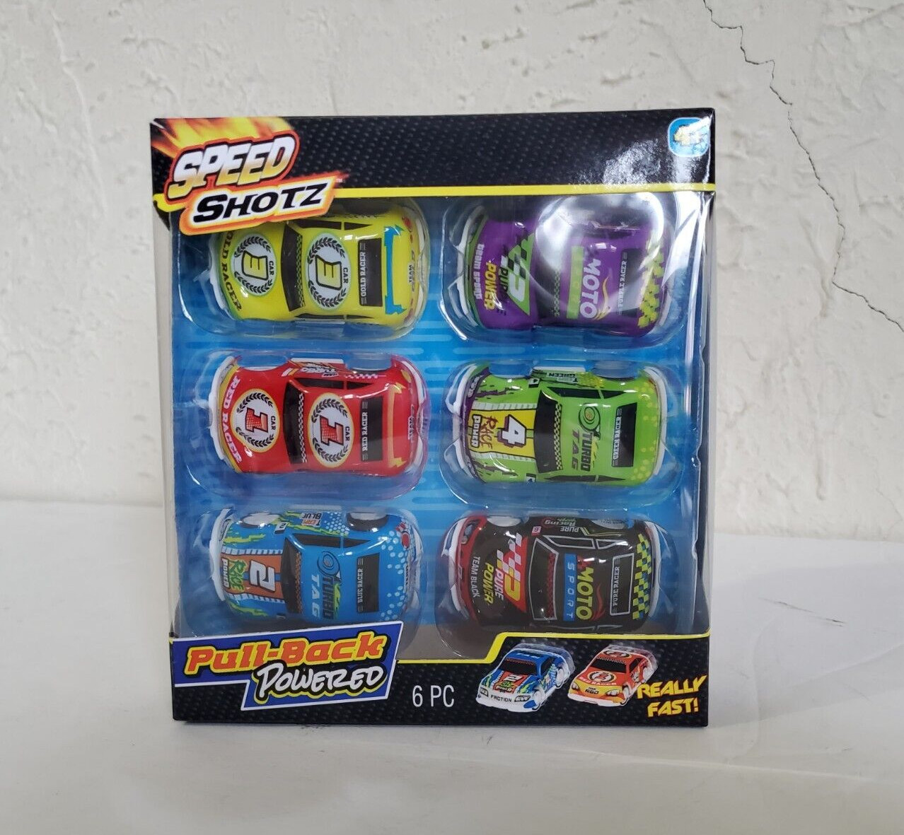 SPEED SHOTZ CARS Pull Back Race Car Set, 6 pc. Black Blue Red Green Purple Yello