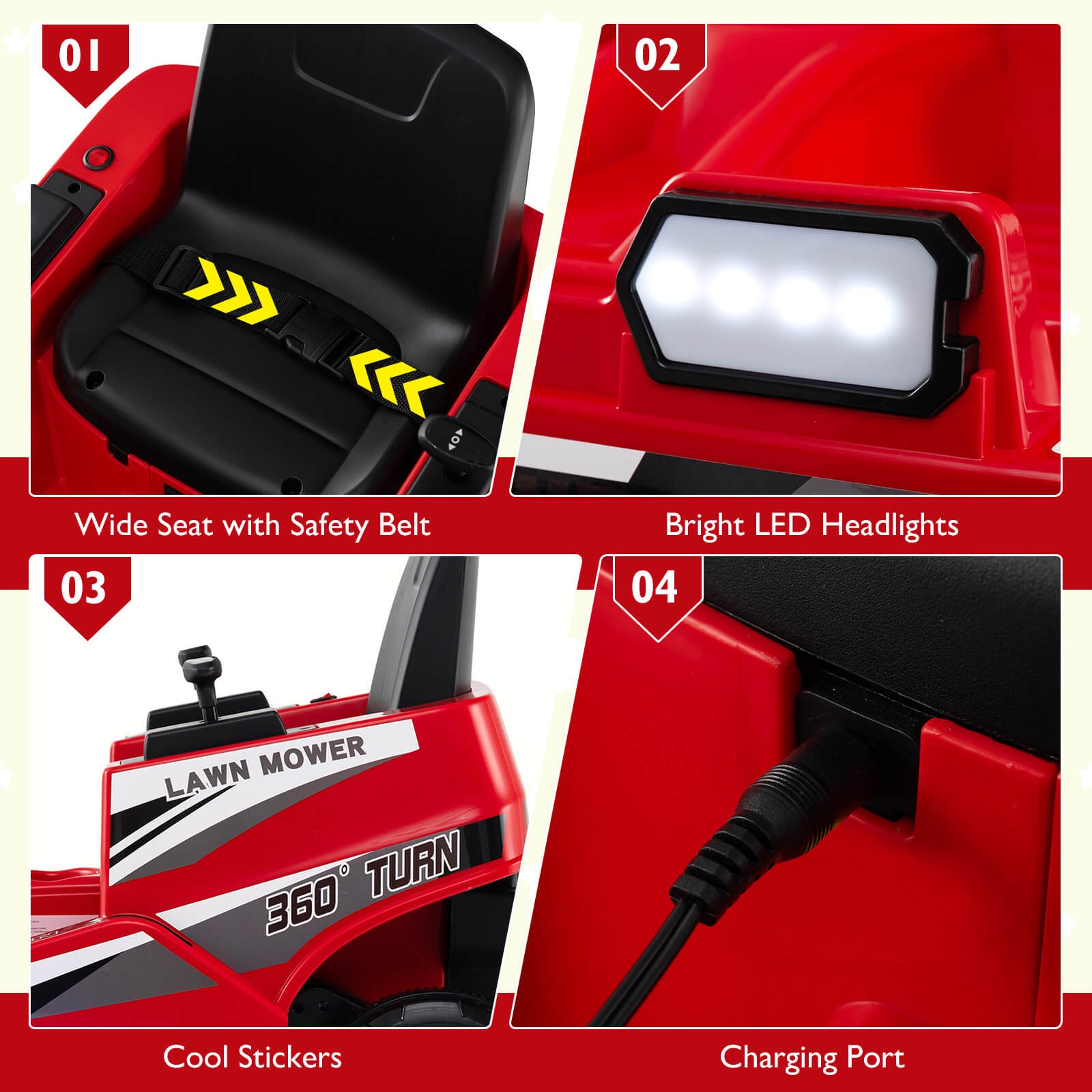 12V Ride on Lawn Mower w/Dual Control Sticks LED Lights Twist Turn for Aged 3-8