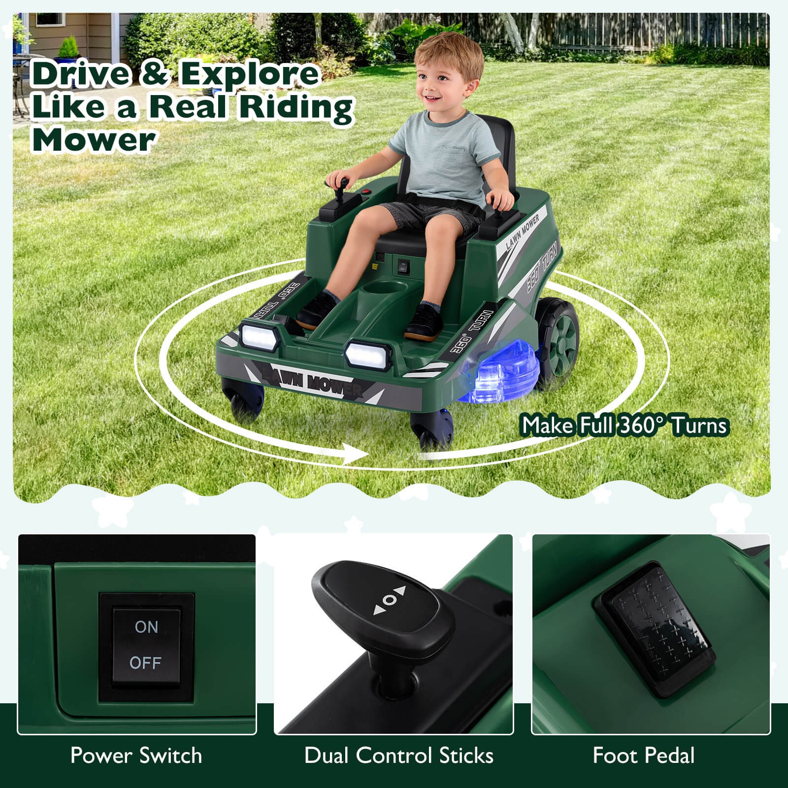12V Ride on Lawn Mower w/Dual Control Sticks LED Lights Twist Turn for Aged 3-8