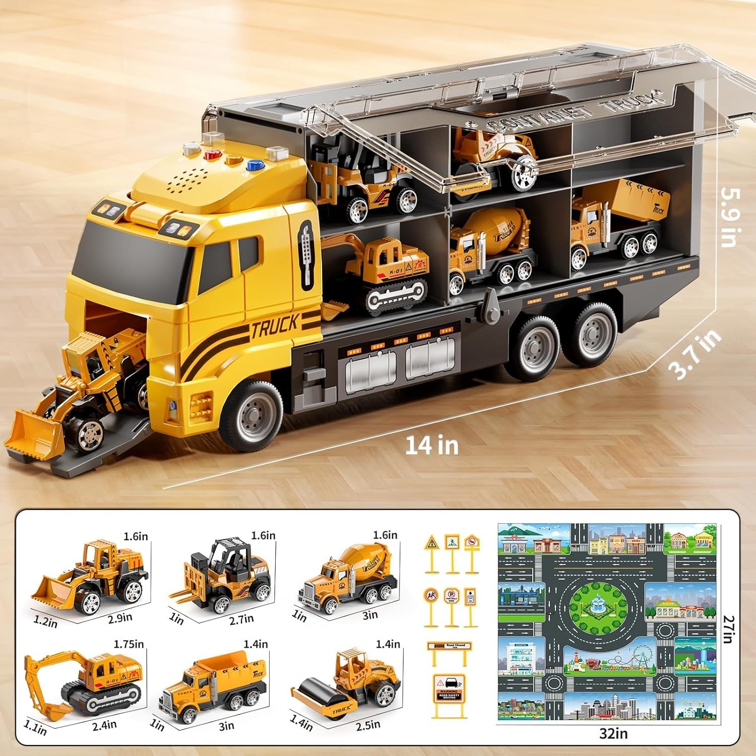 Kids Construction Truck Play Set with Lights Sound Vehicle Toys including Car