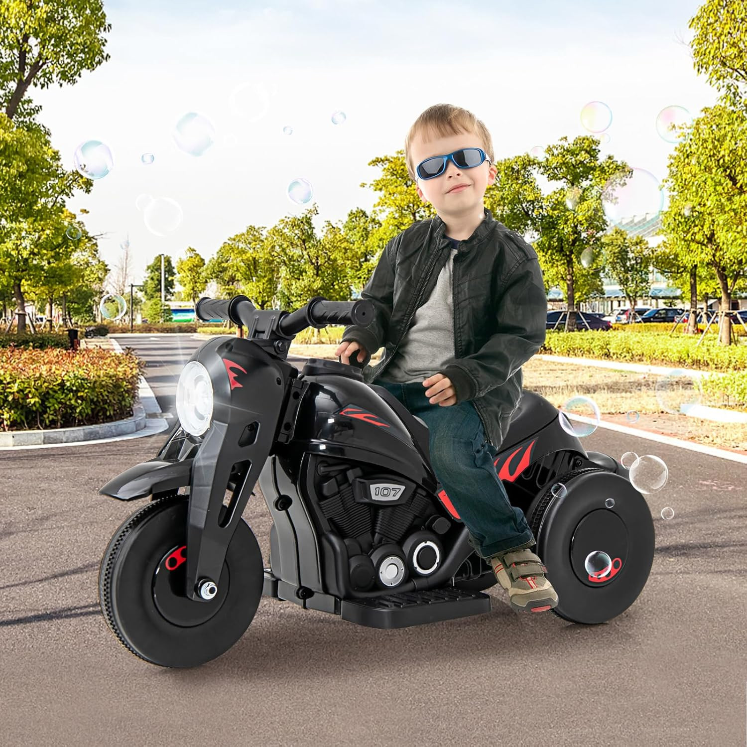 Kids Motorcycle, 6V Electric Ride on Car with Automatic Bubble Function, Foot Pe
