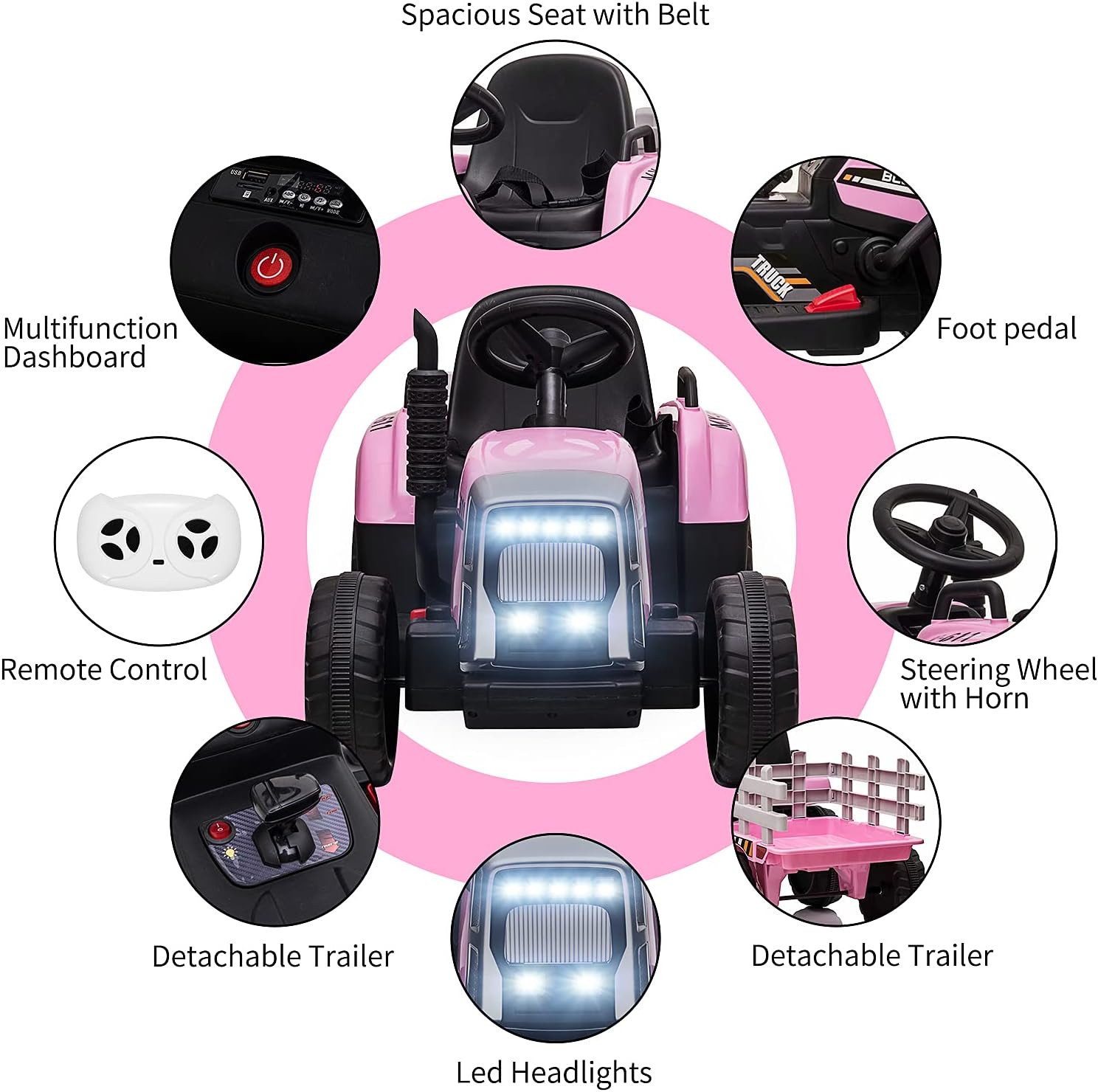 12V Kids Battery Powered Electric Tractor with Trailer, Toddler Ride on Car with