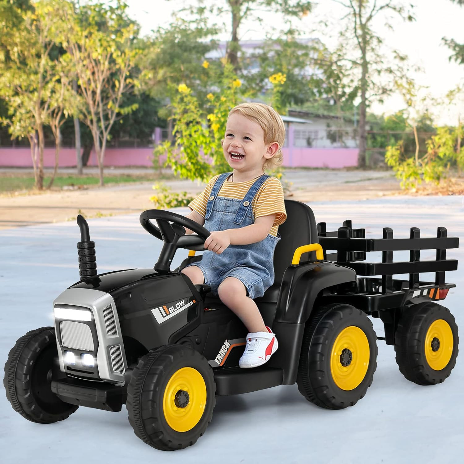 Ride on Tractor with Trailer, 12V Electric Vehicle for Kids, 3-Gear-Shift Ground