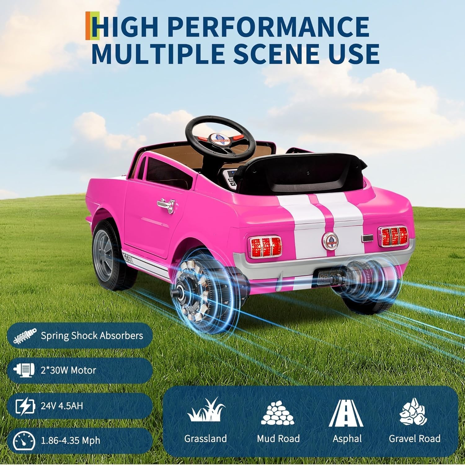 24V 7AH 2 Seater Ride On Car W/Remote Control Pink Licensed Shelby GT350 Kids