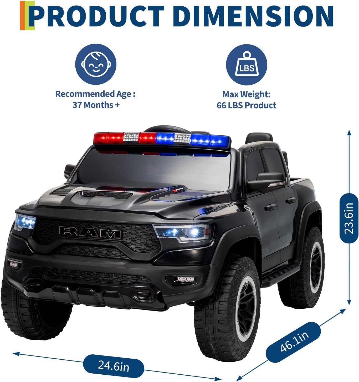 12V Kids Ride On Car with Remote Control,Electric Pickup Truck with Police Light