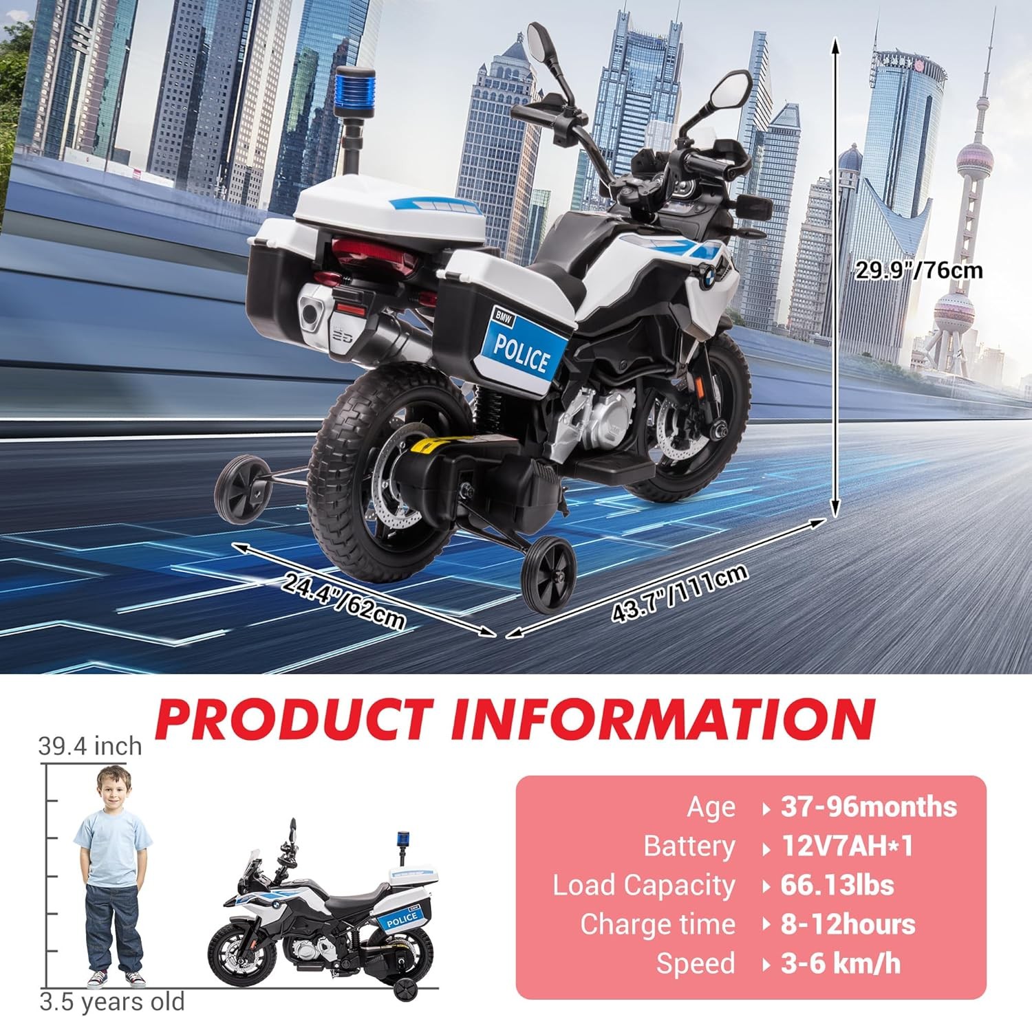 BMW Licensed Police Motorcycle for Kids, 12V W/ Training Wheels, Lights & Music