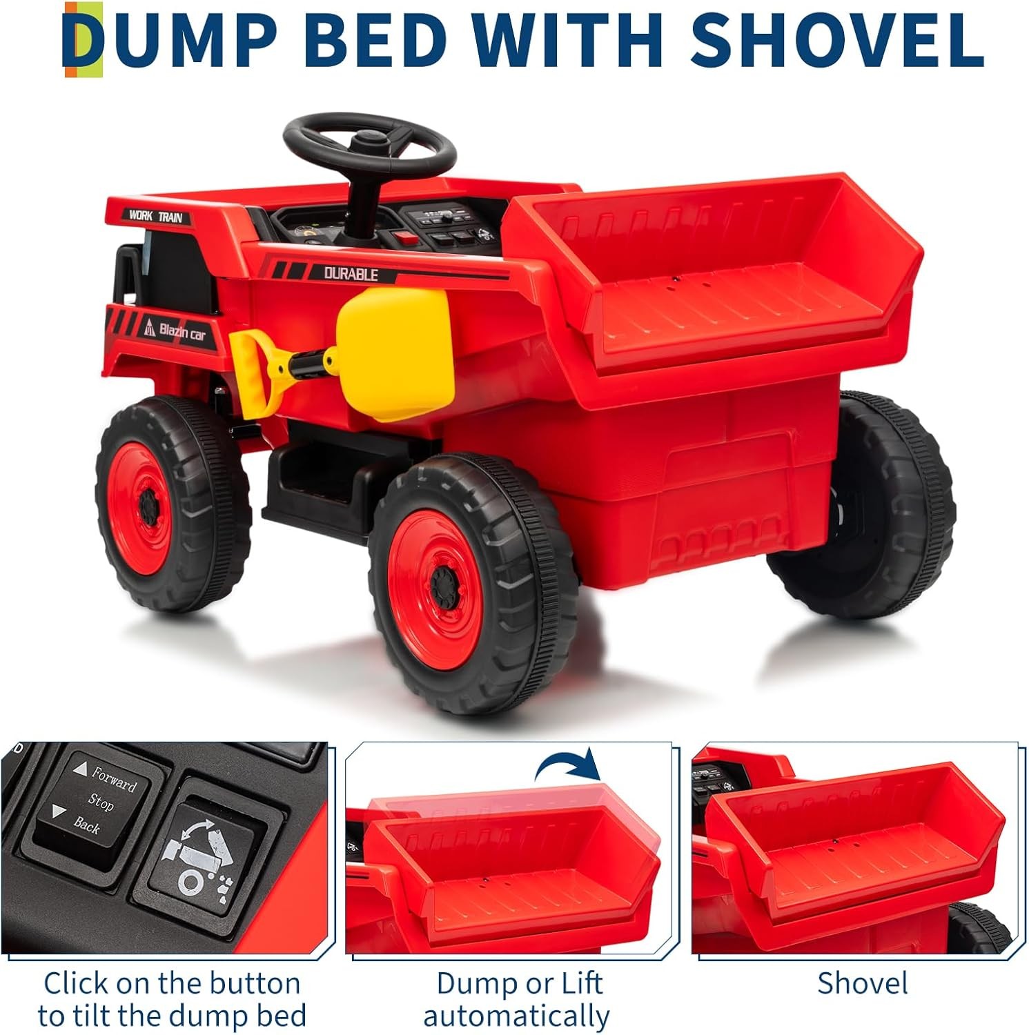 12V Ride On Dump Truck w/ Remote, Auto-Dump Bed, Shovel & Music for Kids 3-8