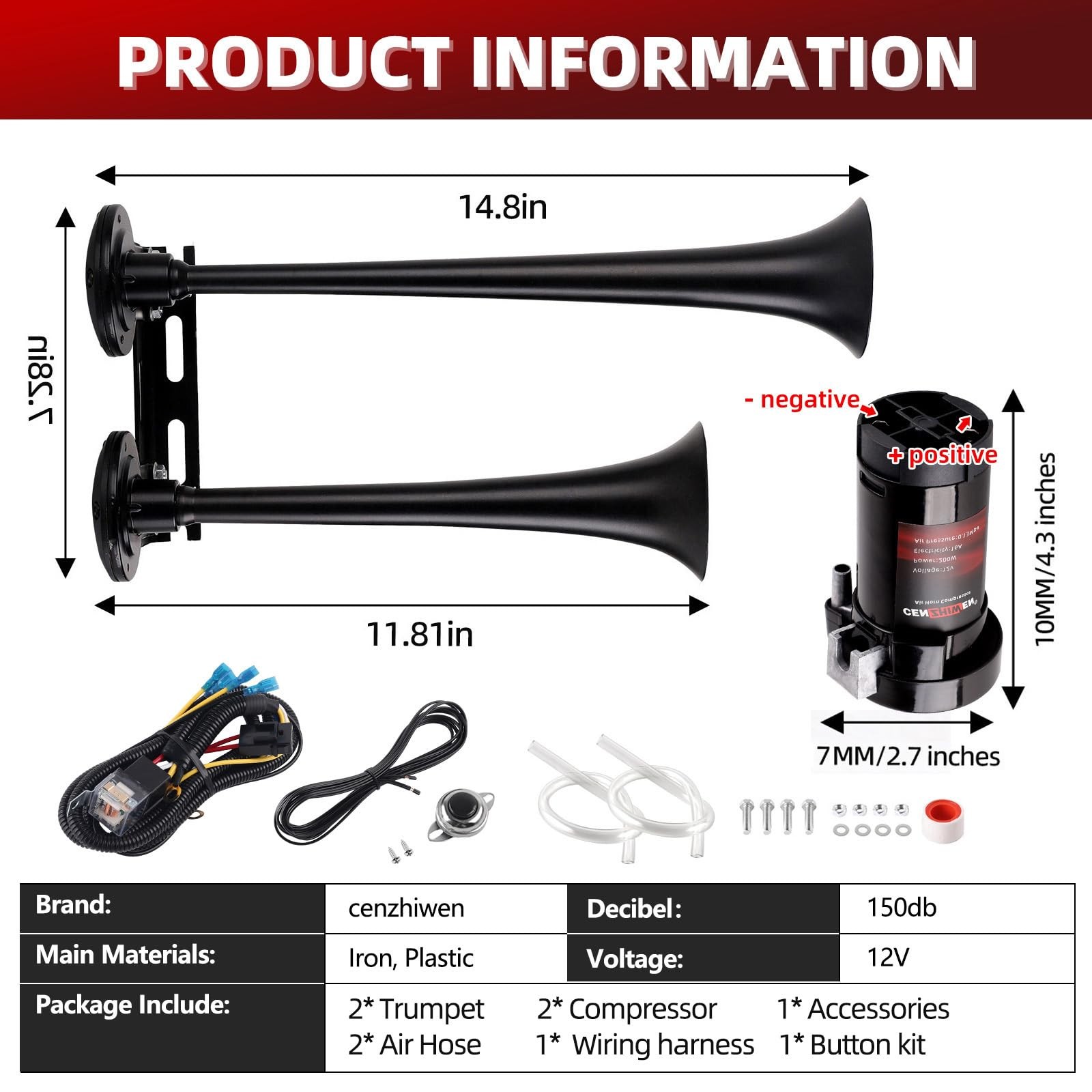 Dual 2-Trumpet Metal Air Horn for truck Kit with 2 air Compressors,12V 150dB …