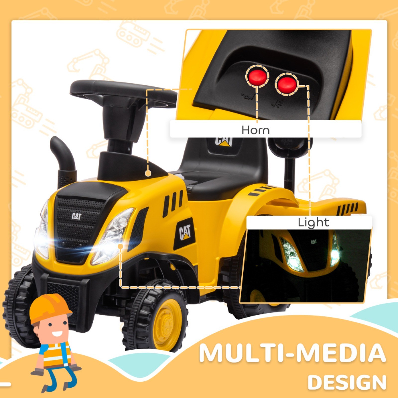 Qaba 2 in 1 Ride on Tractor Excavator Shovel Detachable Trailer 18-36M Yellow