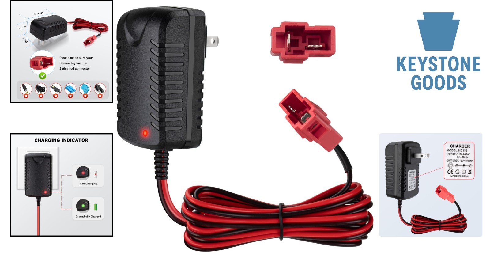 12V Ride-On Toy Battery Charger with Red Square Plug for ATV & Cars