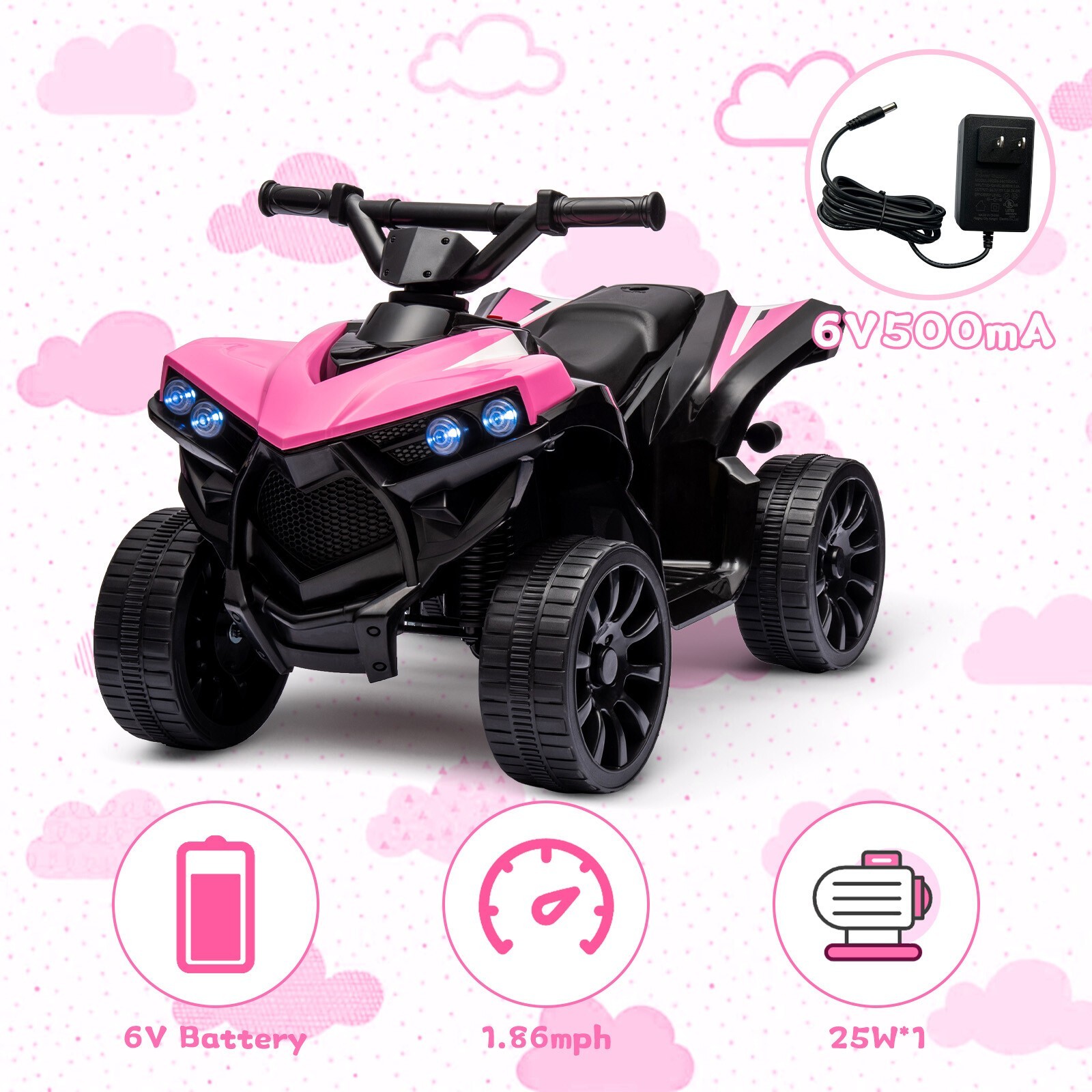 Kids Electric 4 Wheeler Car Ride on Toy 1.86 mph Truck Off-road UTV w/LED Lights