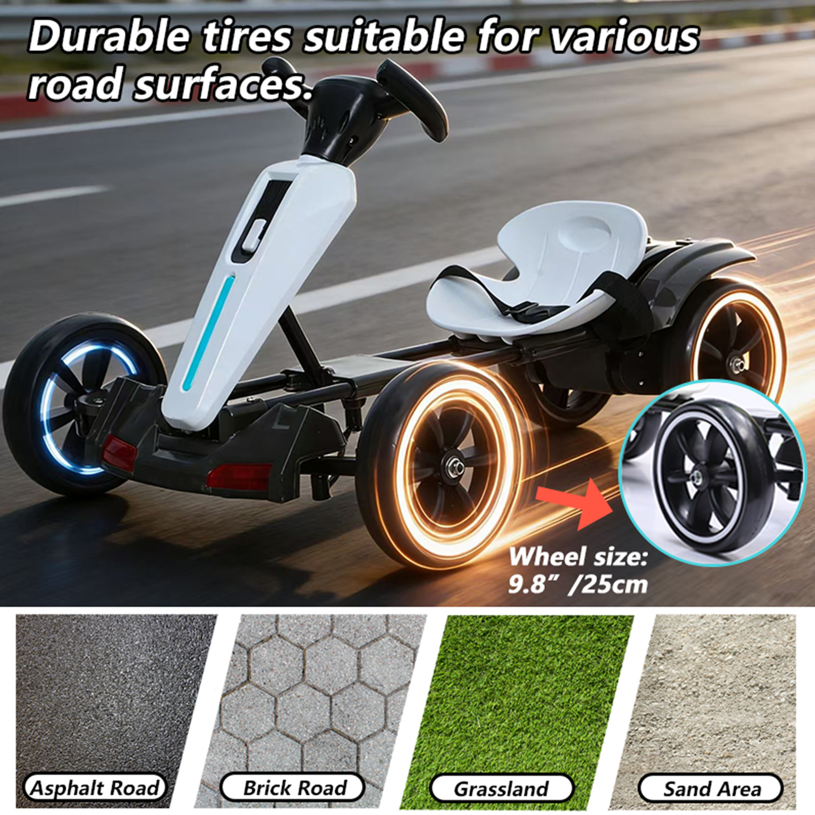 12V Electric Go Kart for Kids Drift Kart Ride on Toy with Adjustable Seat, White