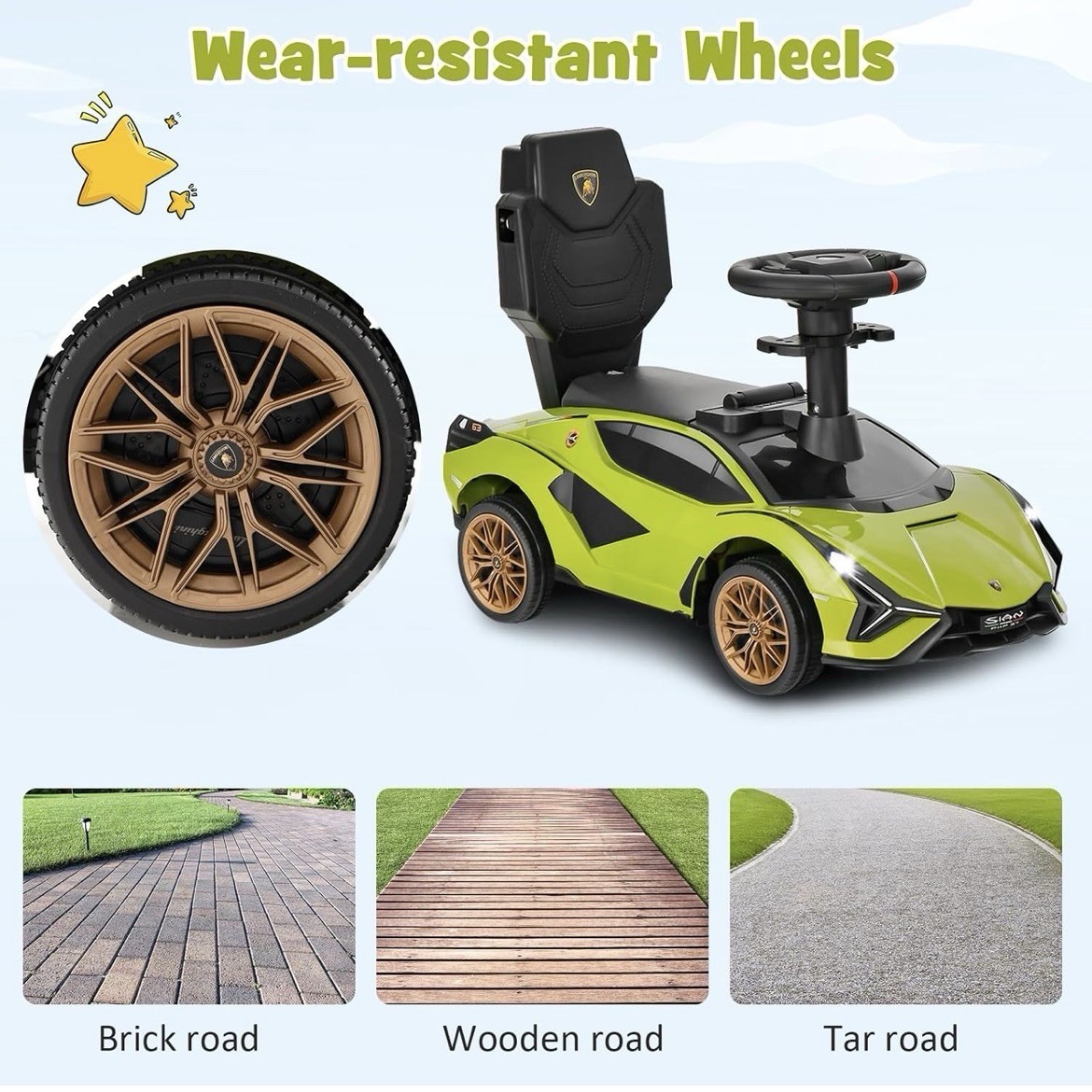 3-in-1 Licensed Lamborghini Ride on Push Car Stroller Sliding Car w/ Sound Green