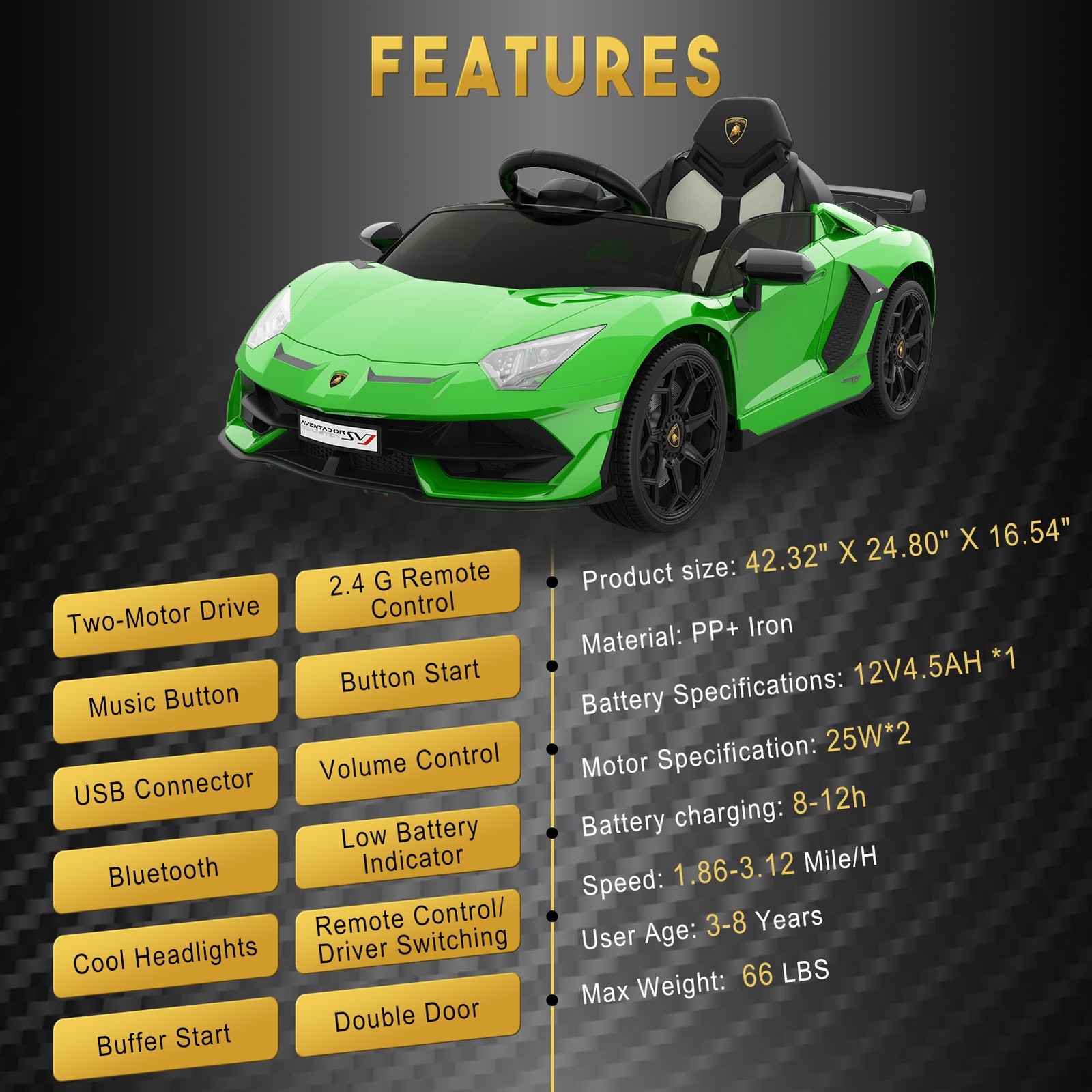 12V Lamborghini Licensed Electric Ride On Car for Kids w/ Remote,Music,LED Light