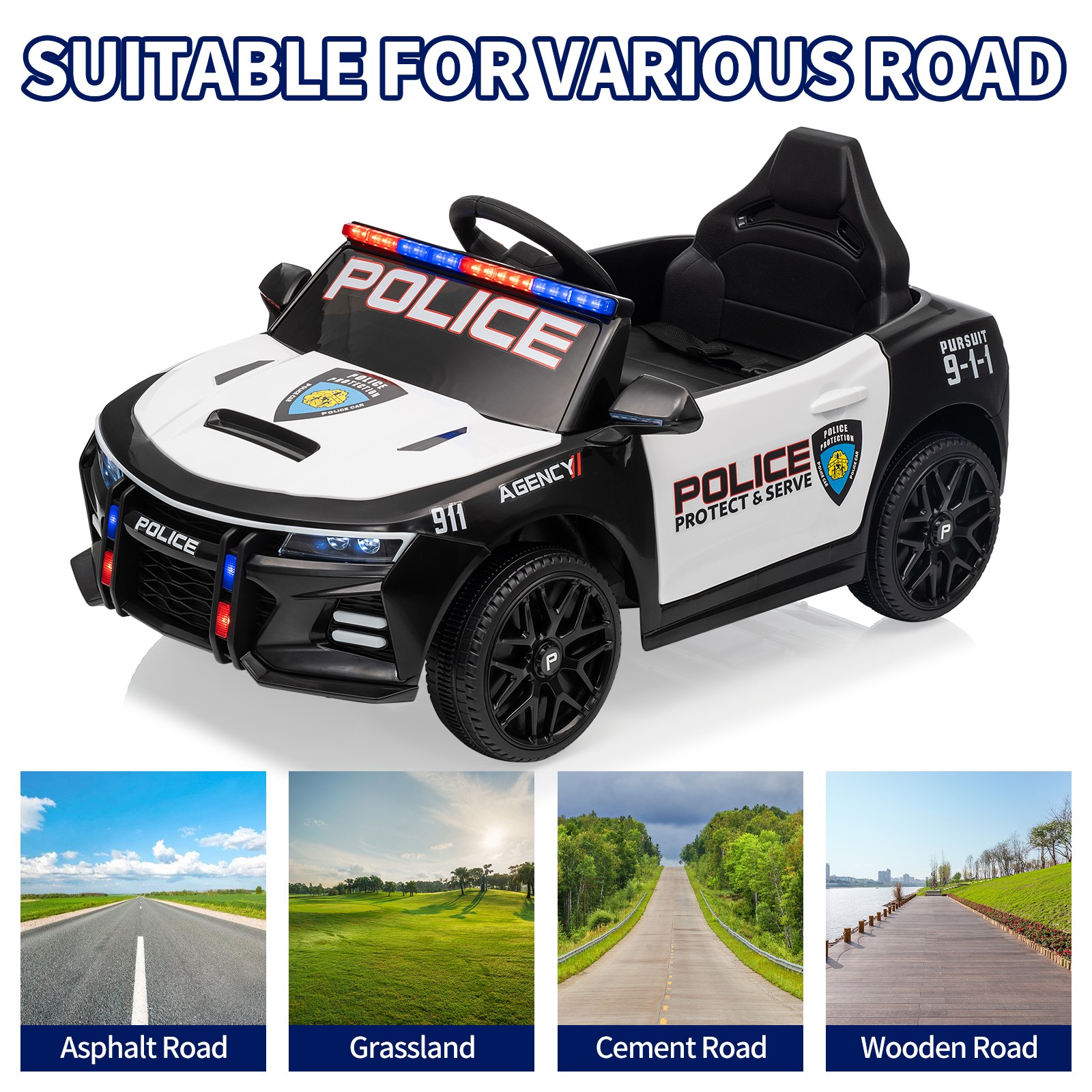 12V Ride On Police Car for Kid w/ Remote/ Emergency Alert Tones/Megaphone/Light