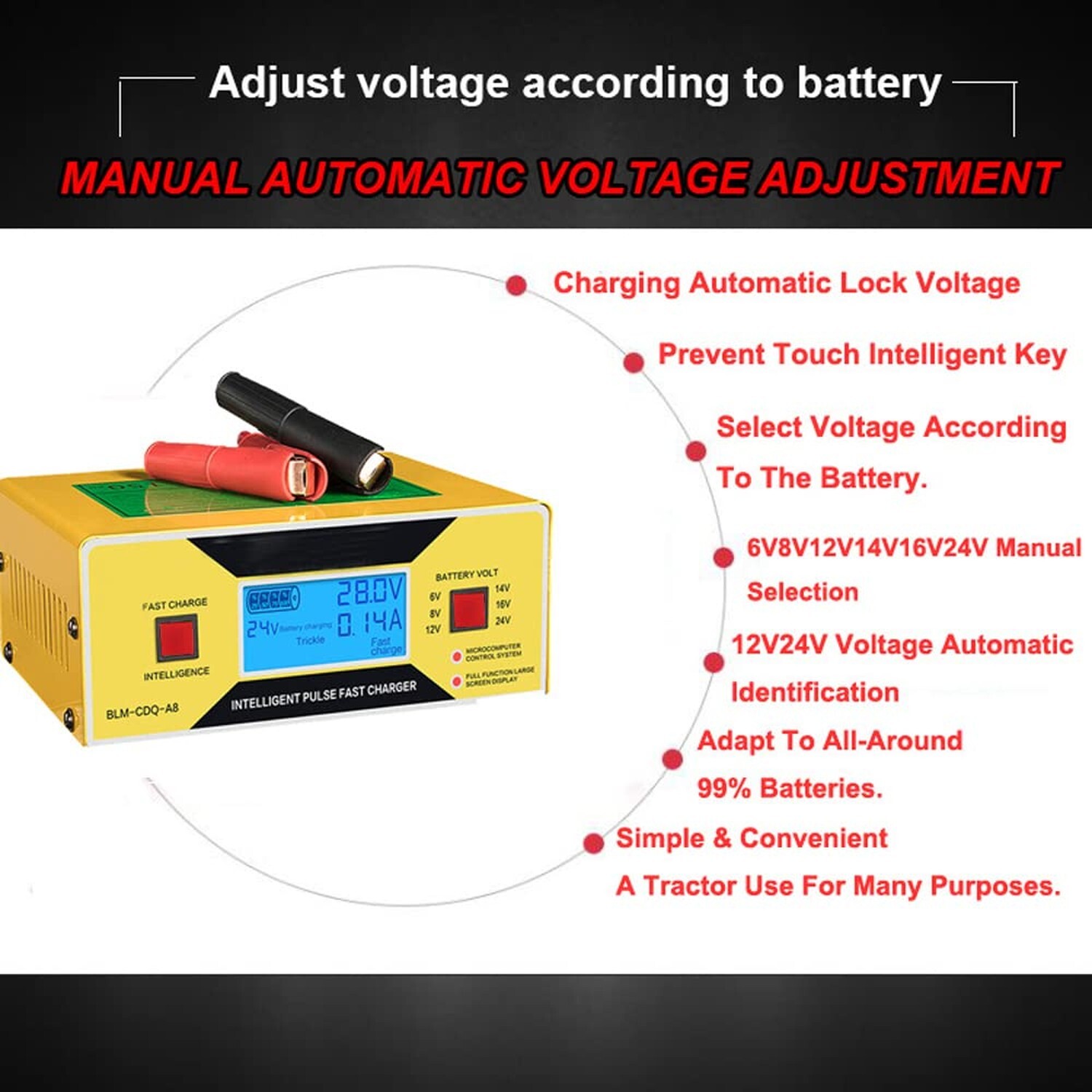 Car Battery Charger Automatic, 6/8/12/14/16/24V Adjustable Voltage Battery Ch…