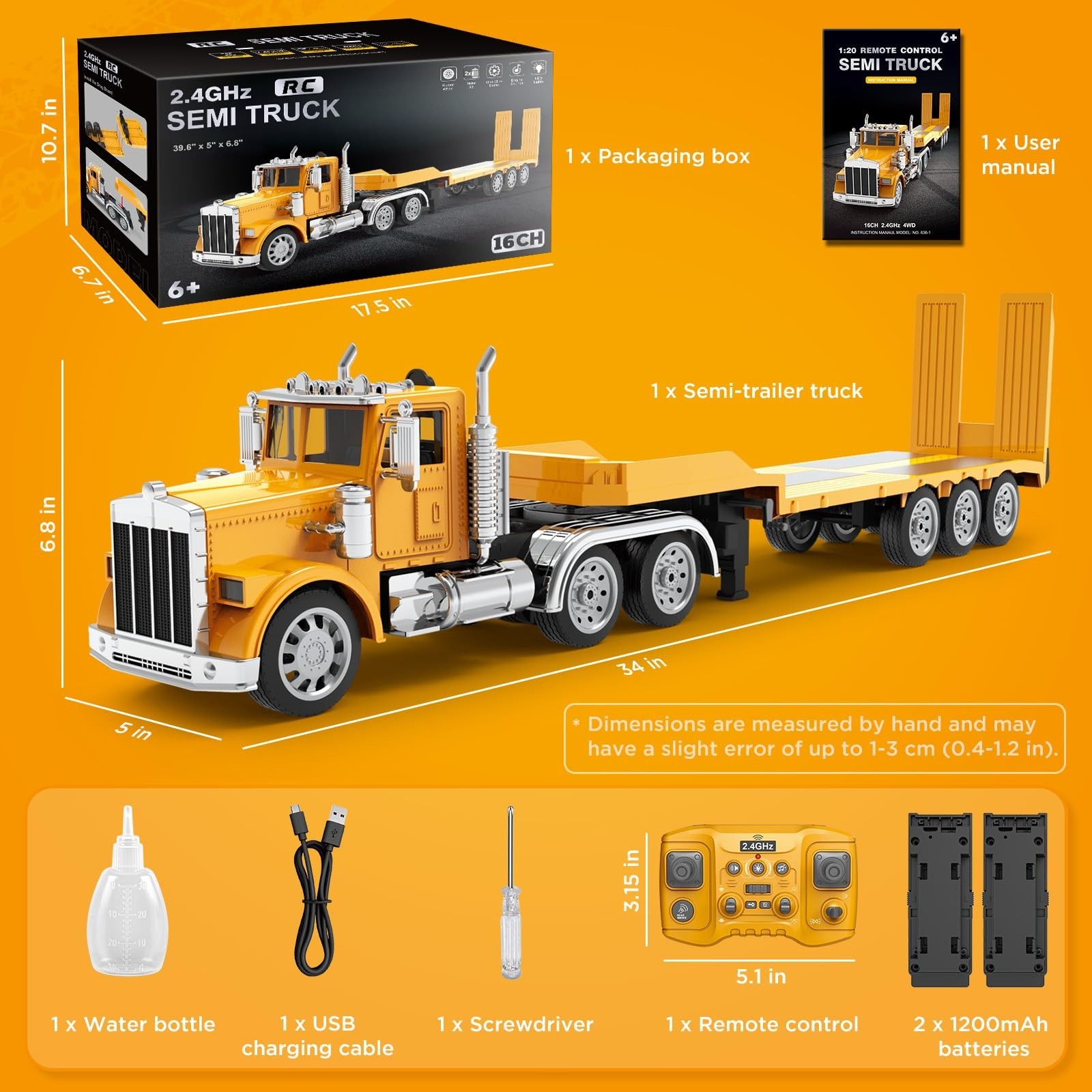 KIDMARKT 39.6″ Giant RC Semi-Trailer Truck for Kids | 16-Channel Remote Contr…