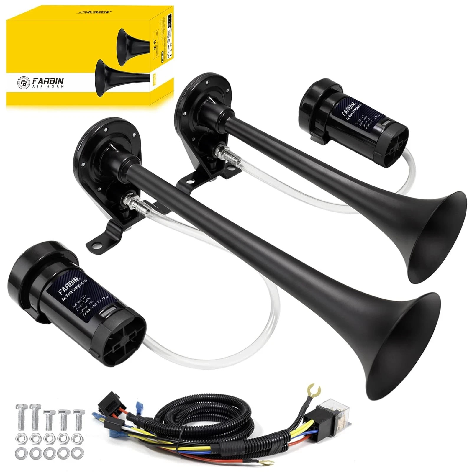 FARBIN Dual Trumpet Air Horn, Train Horn for Truck with 2 Air Compressors 12V…