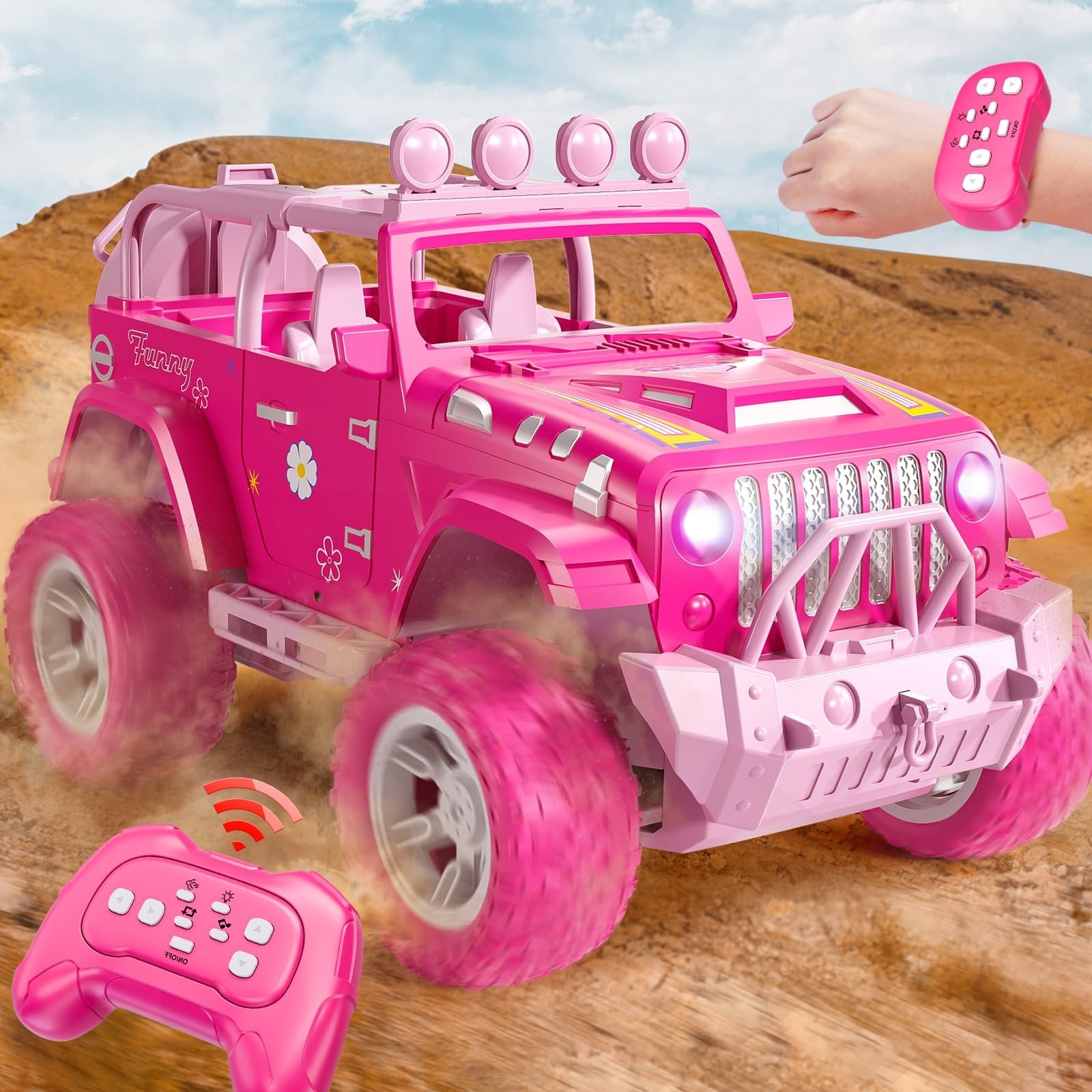 Pink Remote Control Car for Girls 4-7, 2.4GHz Off-Road RC Jeep with Spray, Cl…