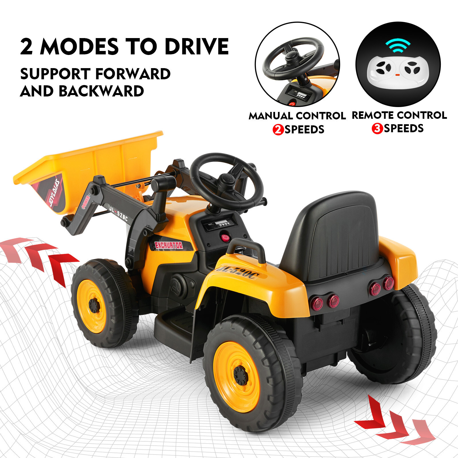 12V Battery Kids Ride On Excavator Digger Car with 3 Speed,Music,Remote Yellow