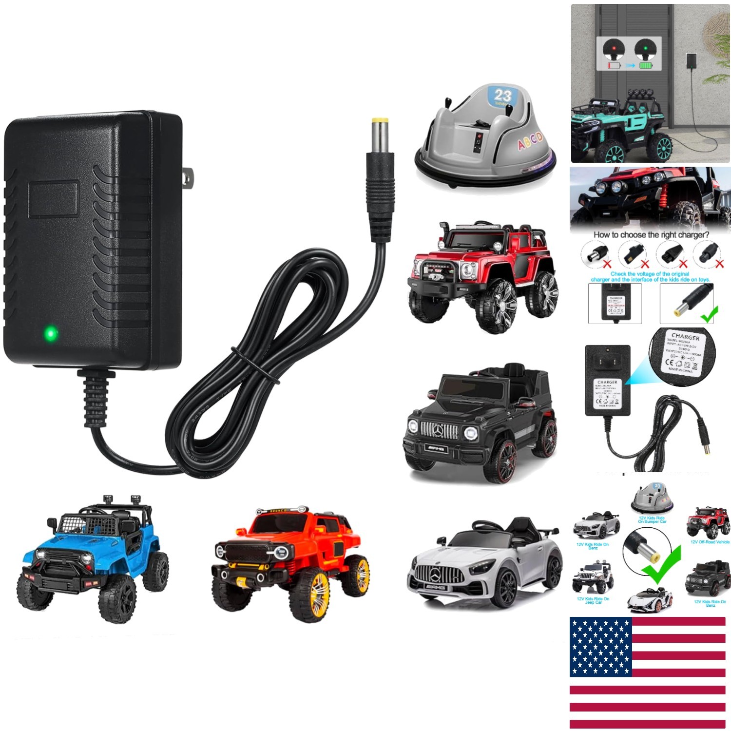 Fast Charging 12V Kids Battery Charger for Various Ride-On Toys – LED Indicator