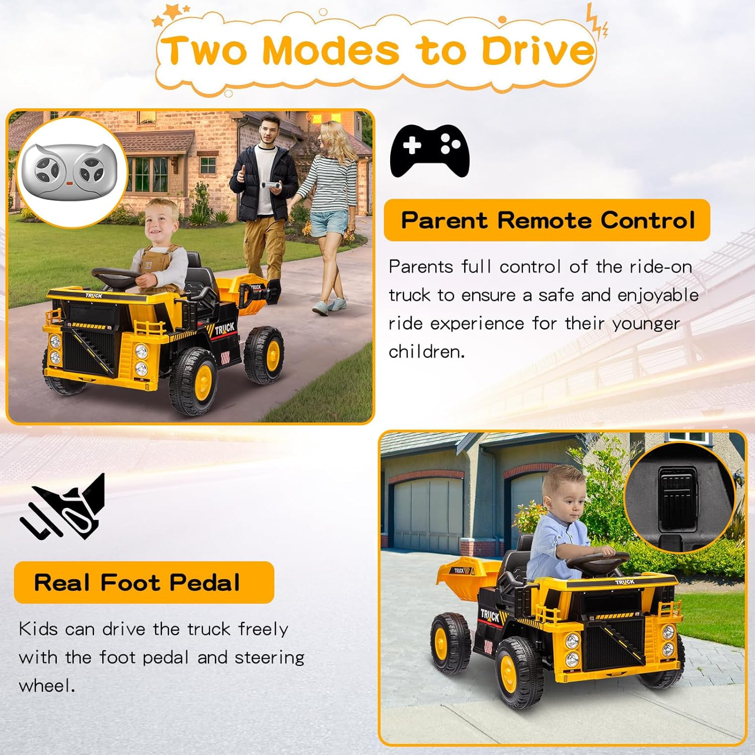 Ride on Dump Truck, 12V Ride on Construction Car for Kids with Remote Control,El