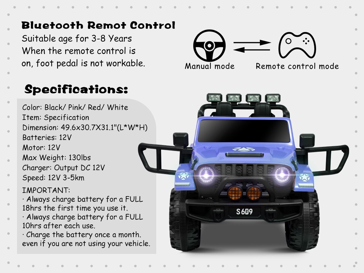 ZEOPHOL Ride On Truck Jeep 12V Electric Kids Toys Car 2 Seat 3 Speed Remote Blue