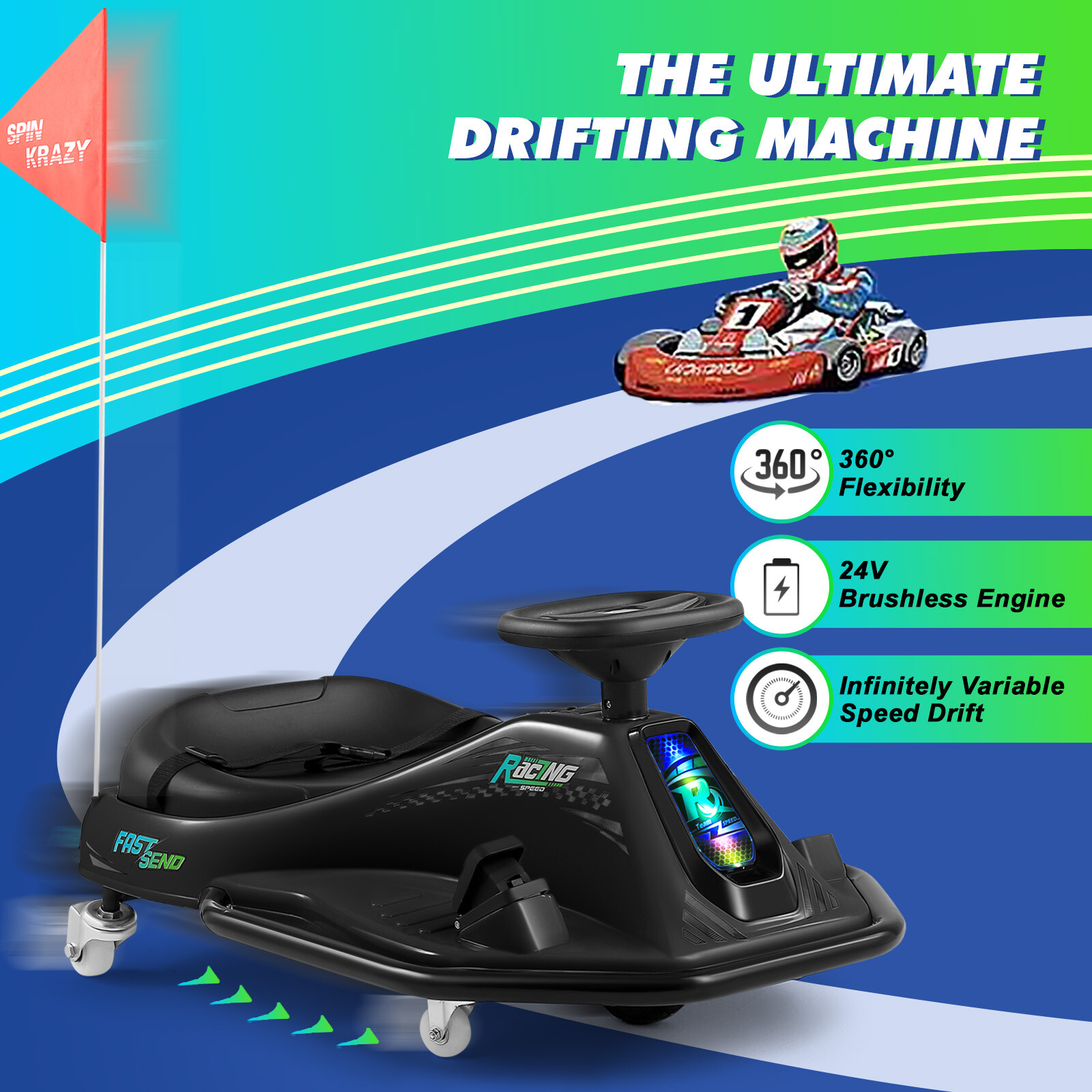 JOYLDIAS Black 24V Powered Kids Ride On Drifting Go Kart Variable Speed Cart360°