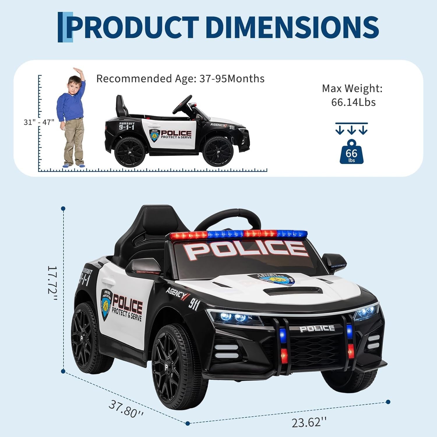 12V Police Car Ride On Car for Kids, Ride on Toy with Remote Control