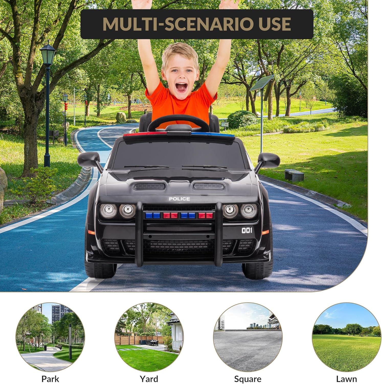 12V Ride-On Police Car Dodge Licensed, Remote Control, 3 Speeds, MP3,Safe Design