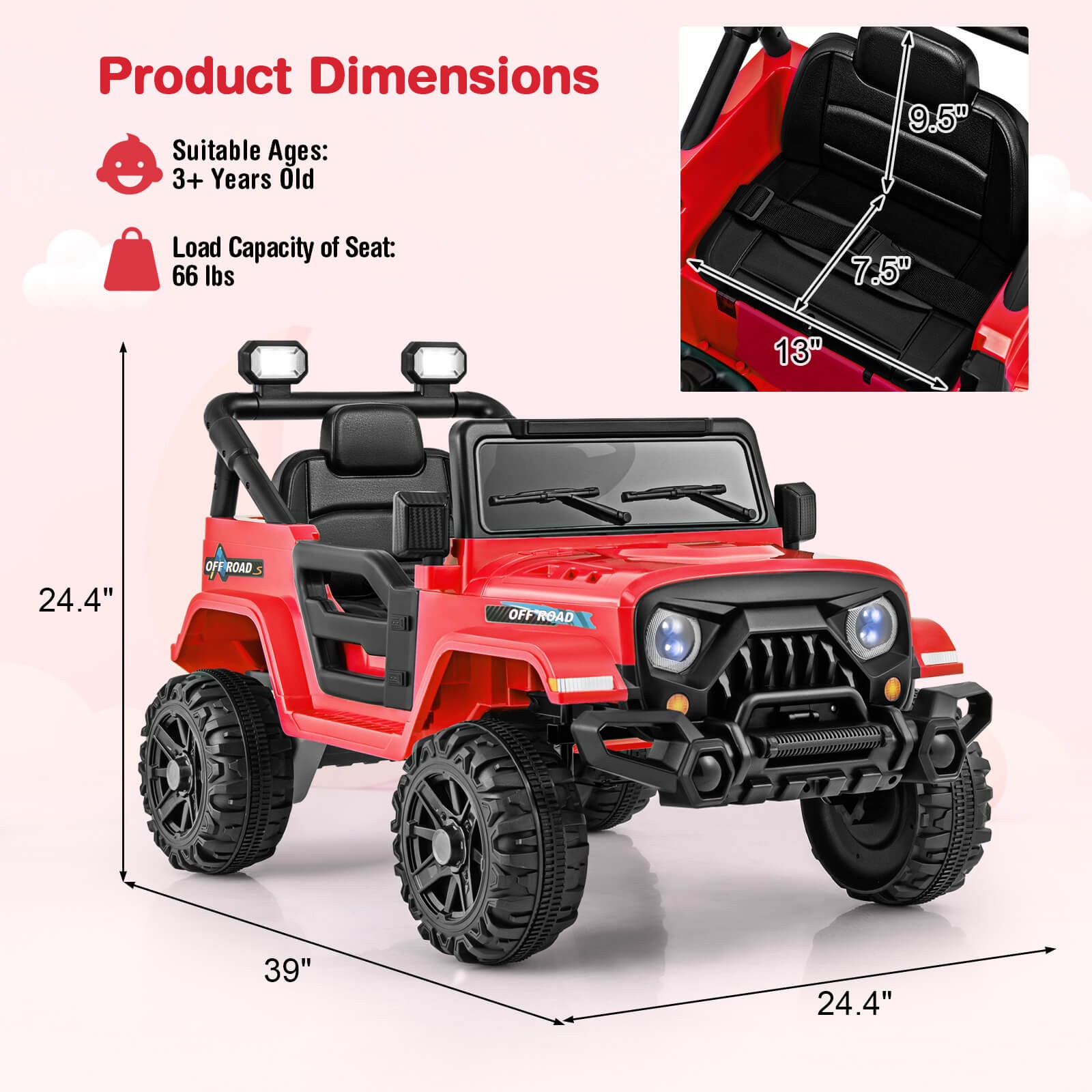 12V Kids Ride on Truck Car W/Remote Control, Threaded Wheels 3 Speeds LED Lights