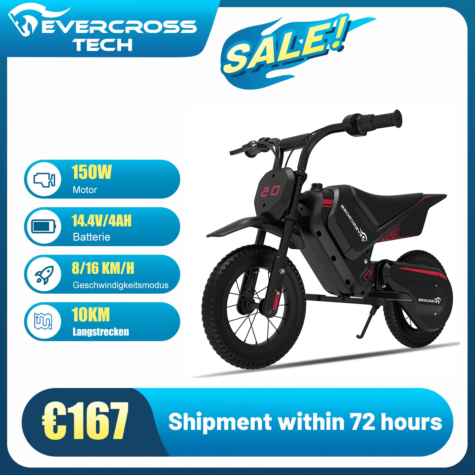 12″” Child Electric Motorcycle, 150W, Speed 8-16km/h, Range 10km, Mo