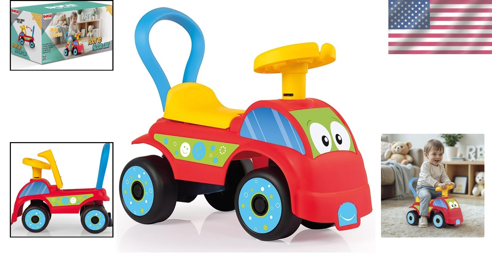 Compact Red & Blue Push-Pull Foot-to-Floor Car – Perfect for Indoor-Outdoor Play