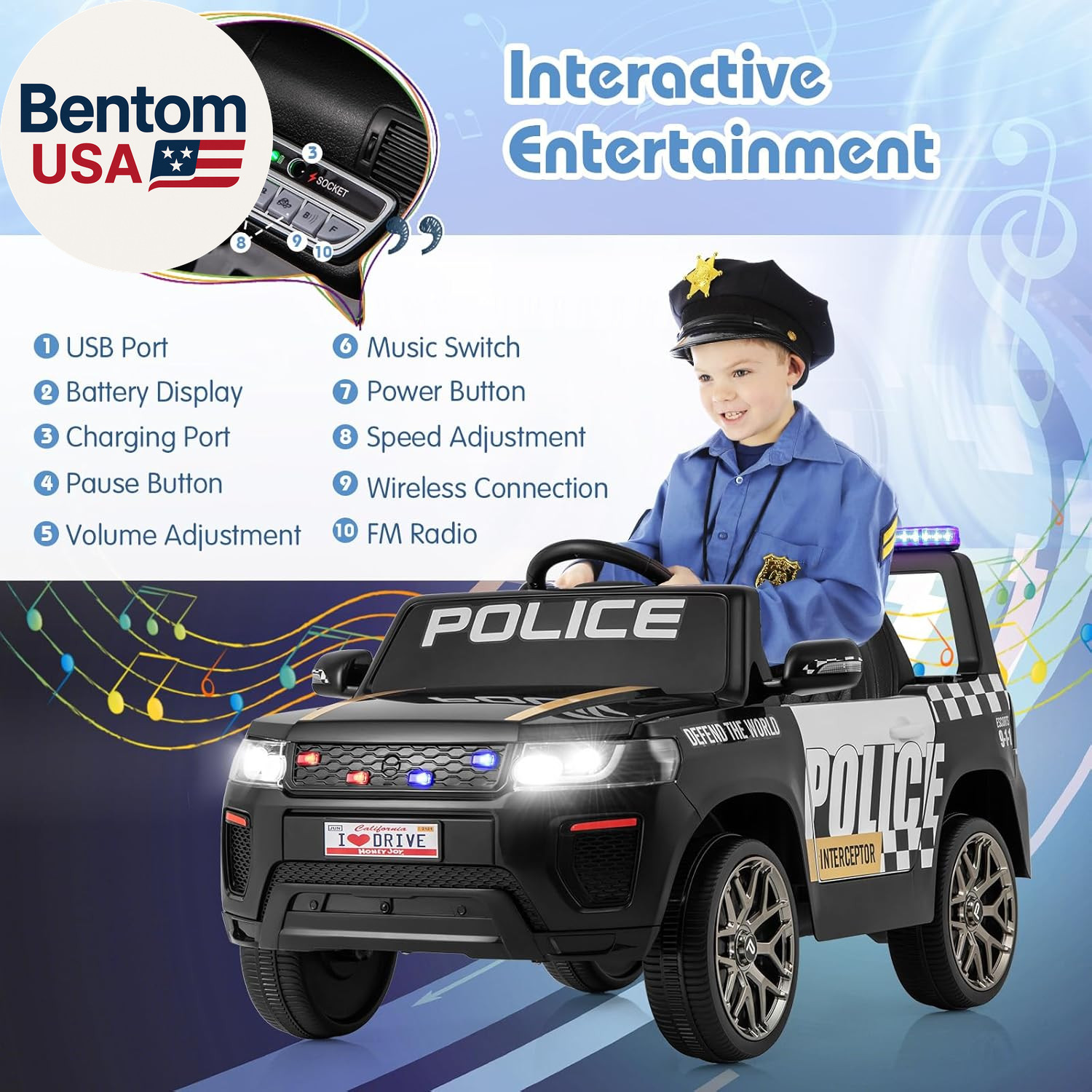 Police Car Ride On, 12V Battery Powered Toy Cop Cars W/Remote Control, LED Flash