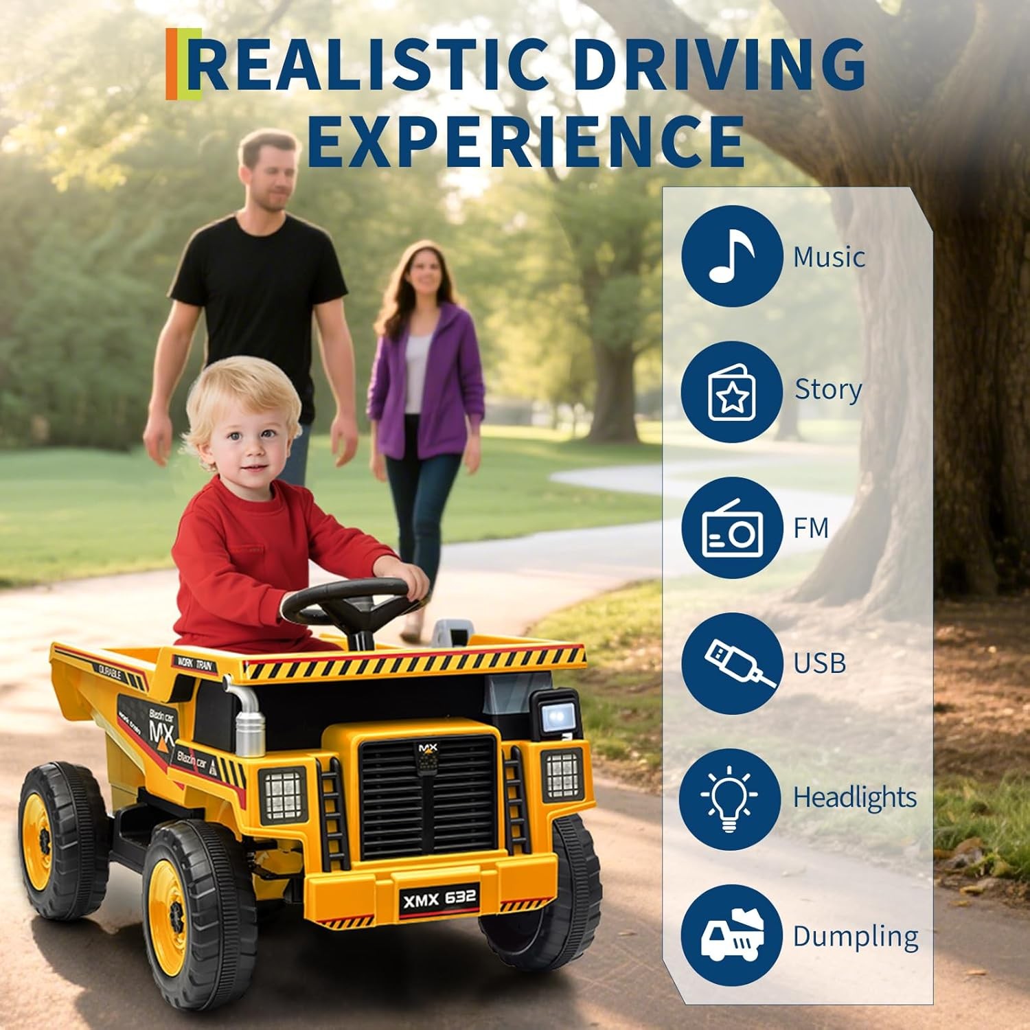 12V Ride On Dump Truck w/ Remote, Auto-Dump Bed, Shovel & Music for Kids 3-8