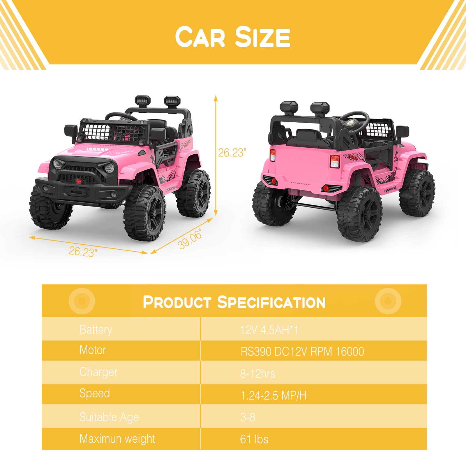 Pink Kids Electric Ride on Car Toys 12V with Remote Control for Kids 3-8