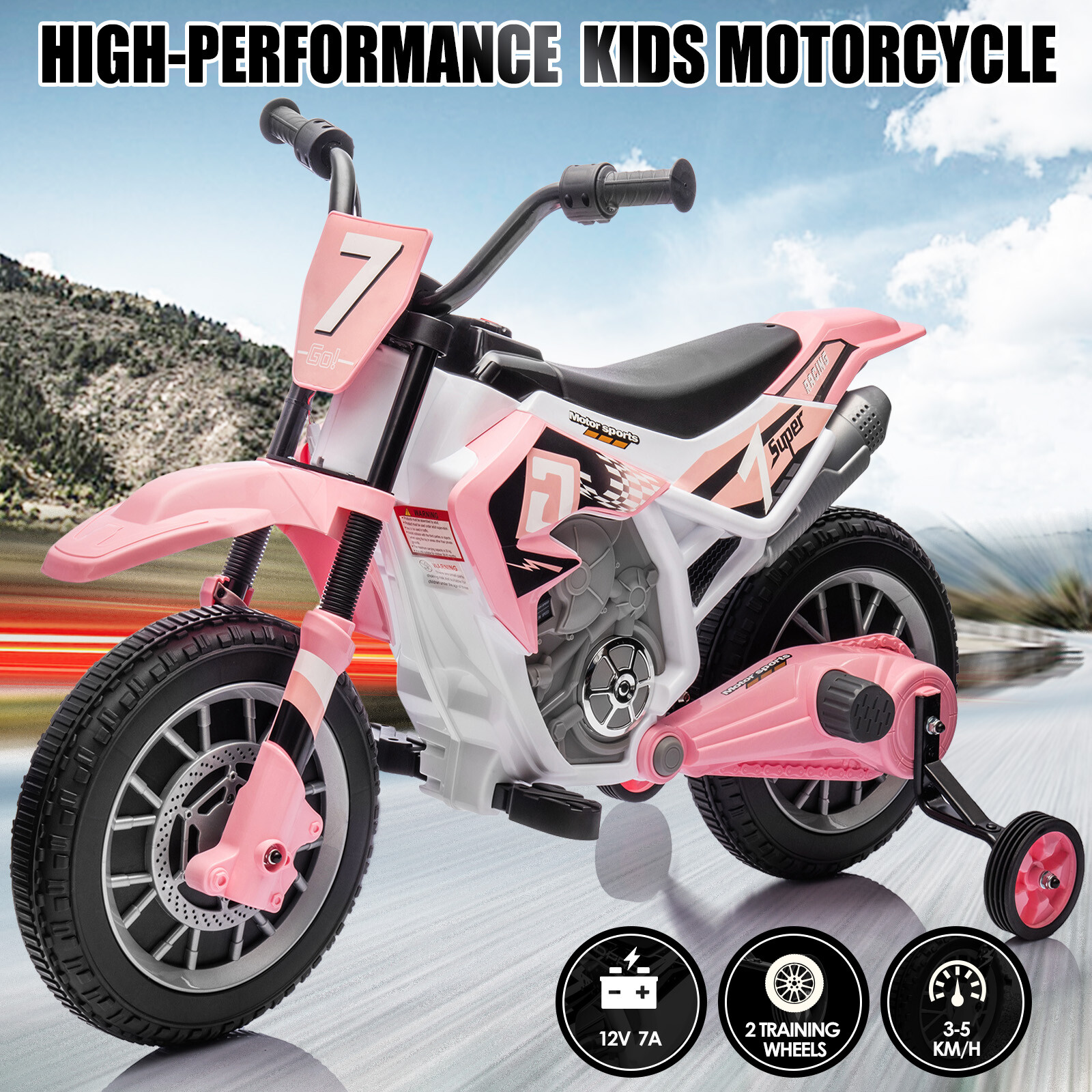12V Kids Pink Ride On Motorcycle Off-Road Dirt Bike 2-Speed,Music,Training Wheel