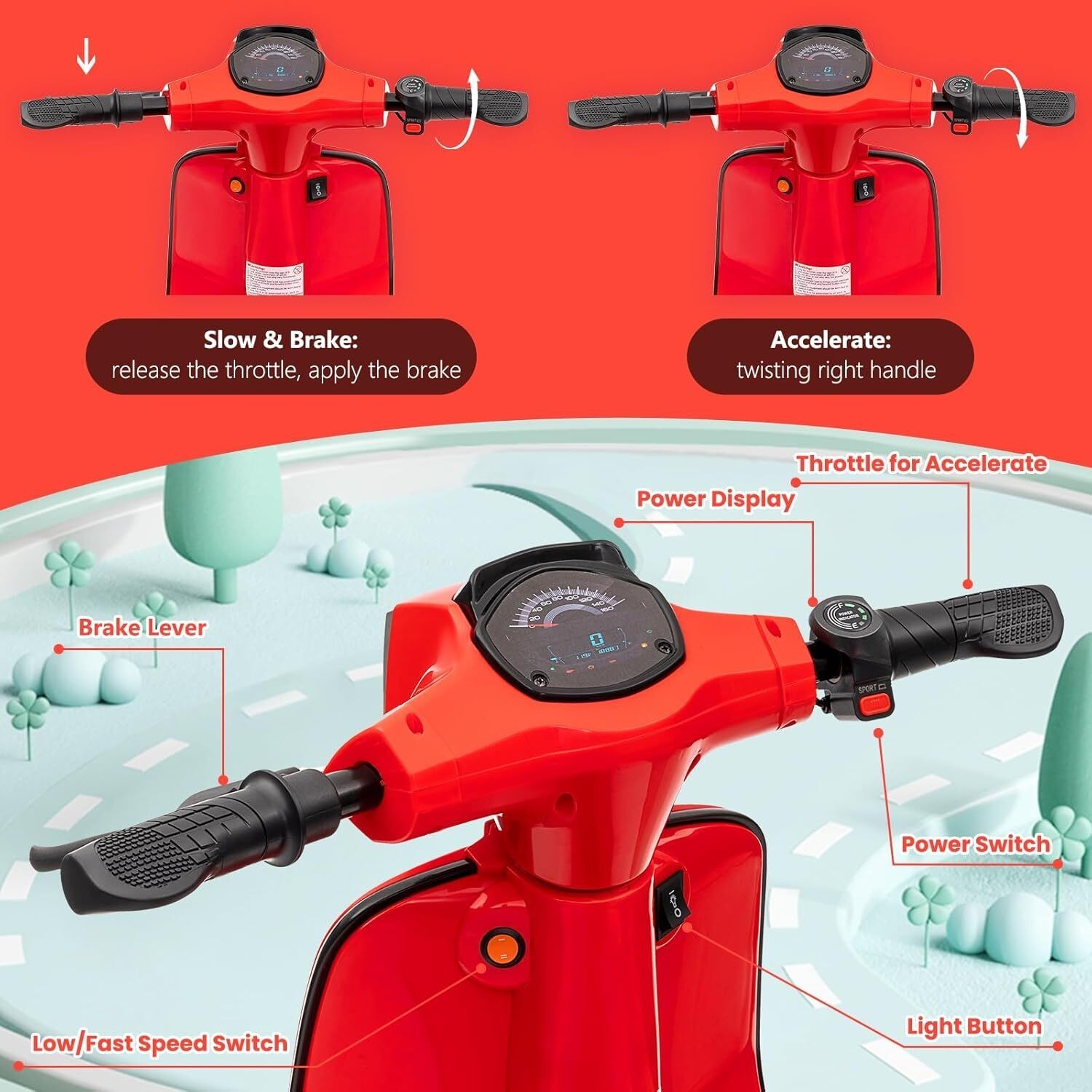 24V 350W Kids Motorcycle Electric Moped Scooter Motorbike Toy with LED for 8-12Y
