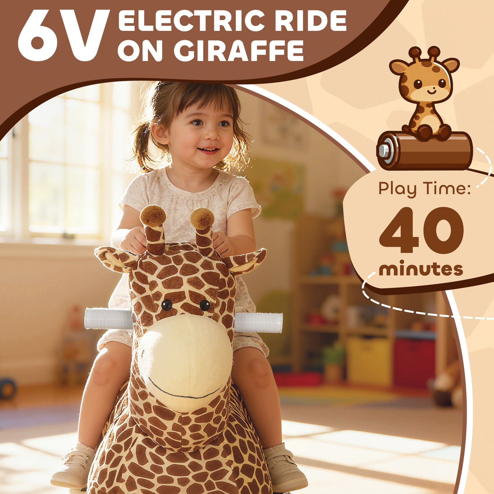 6V Kids Ride On Horse, Electric Riding Animal Giraffe with Music Brown