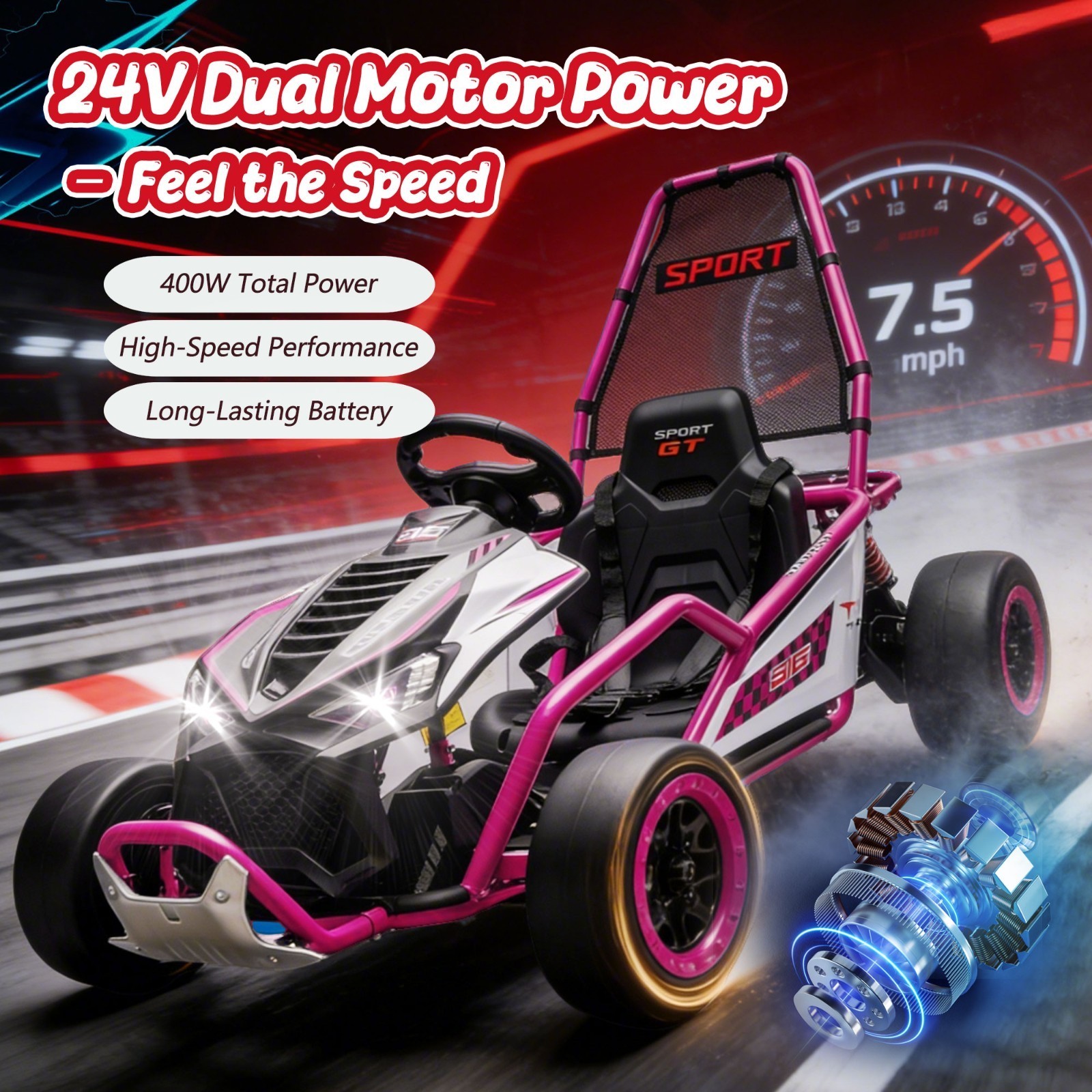24V 400W Electric Go Kart for Kids 6-12 Ride on Drift Car with Music Bluetooth