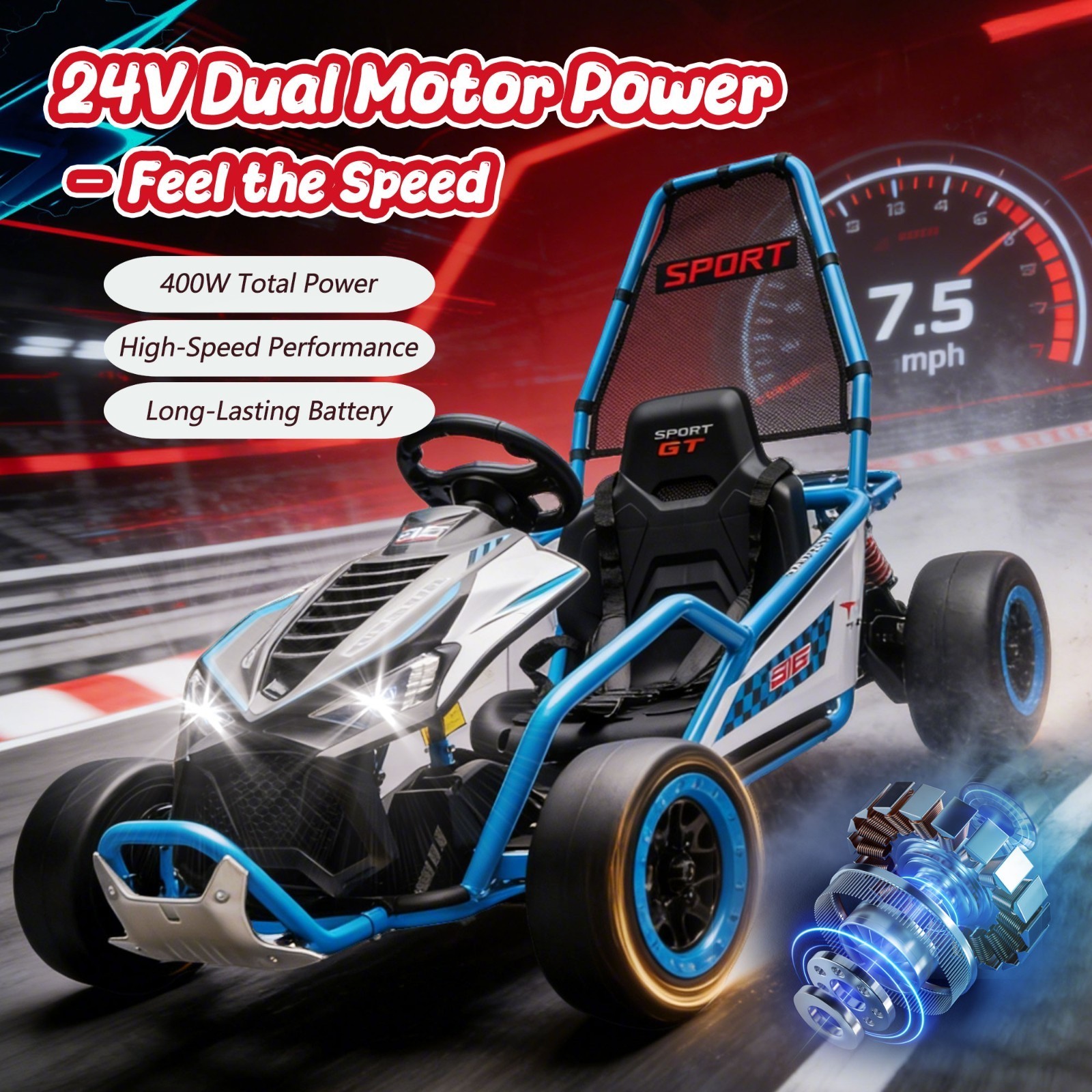 24V 400W Kids Go Kart Electric Drift Car 5-7.5MPH with Music 5-Point Safety Belt