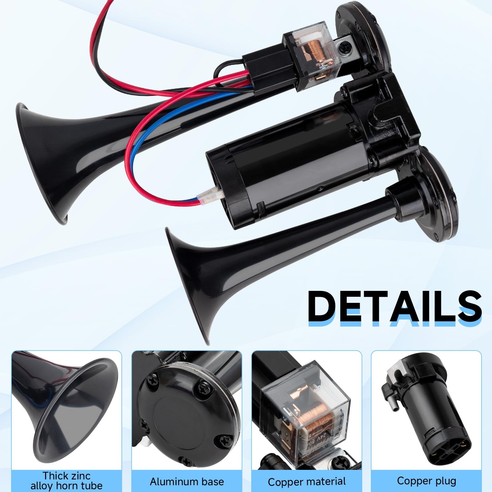 150dB 12V Black Waterproof Truck Horn with Compressor Integrated Dual Tube
