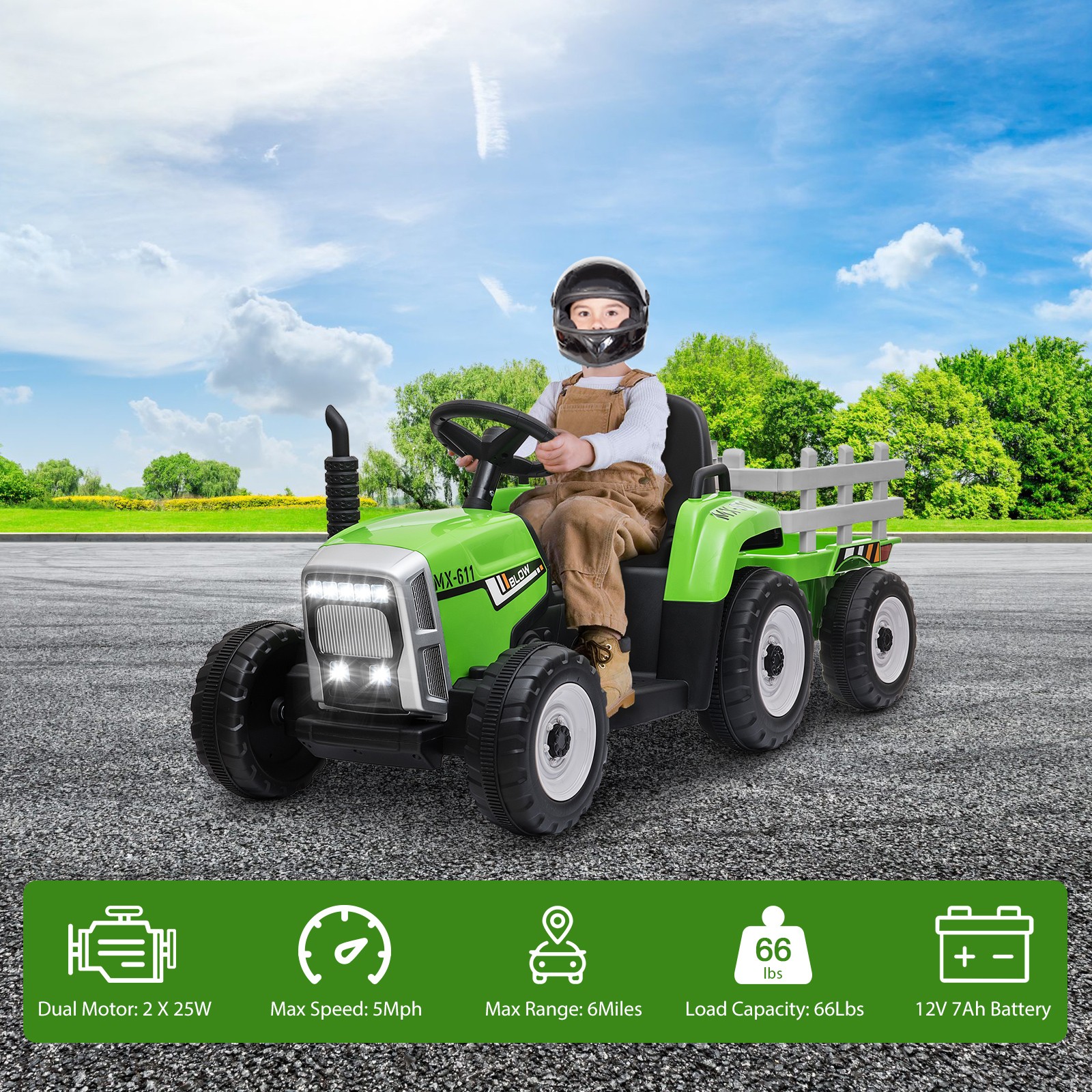 Kids Electric Toy Tractor with Trailer Battery-Powered 6-Wheels Vehicle For 3+